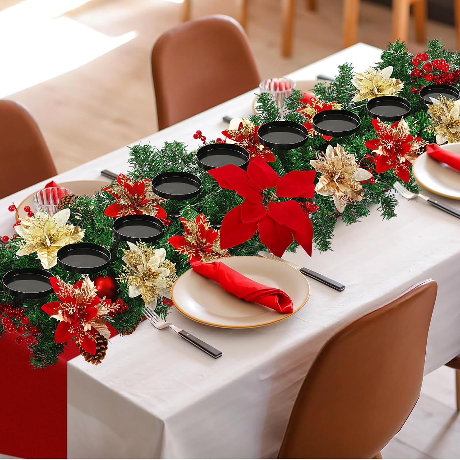 Christmas Centerpiece for Table with Light 9 Candle Hold Red Gold Poinsettia Candle Holder with Red Berries 60 Inch Artificial Christmas Centerpiece for Dining Table Mantel Party Decor
