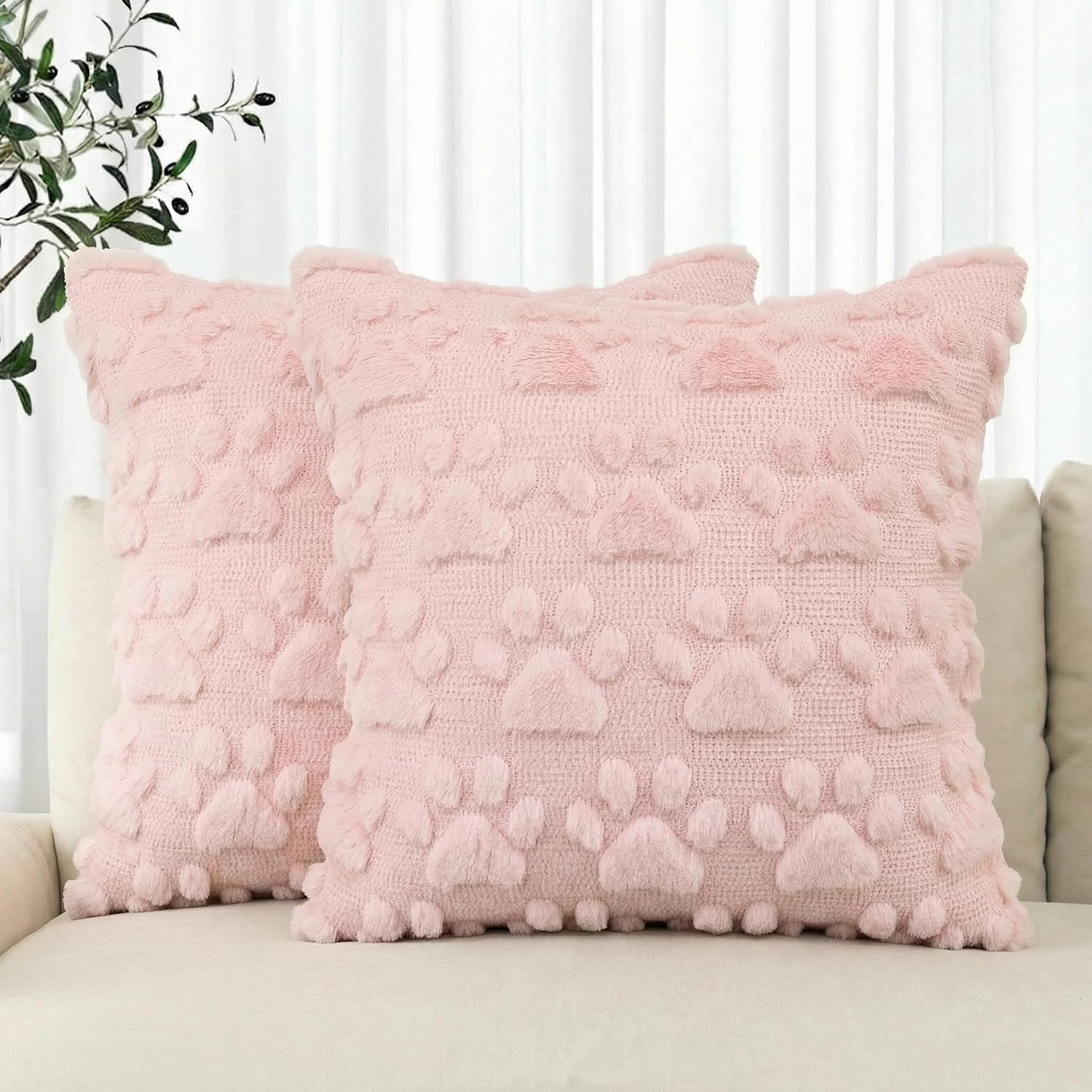 AVOIN colorlife Spring Pet Dog Paws Pink Throw Pillow Covers, 18 x 18 Inch Soft Plush Faux Fur Jacquard Cushion Case Farmhouse Decoration for Sofa Couch Set of 2
