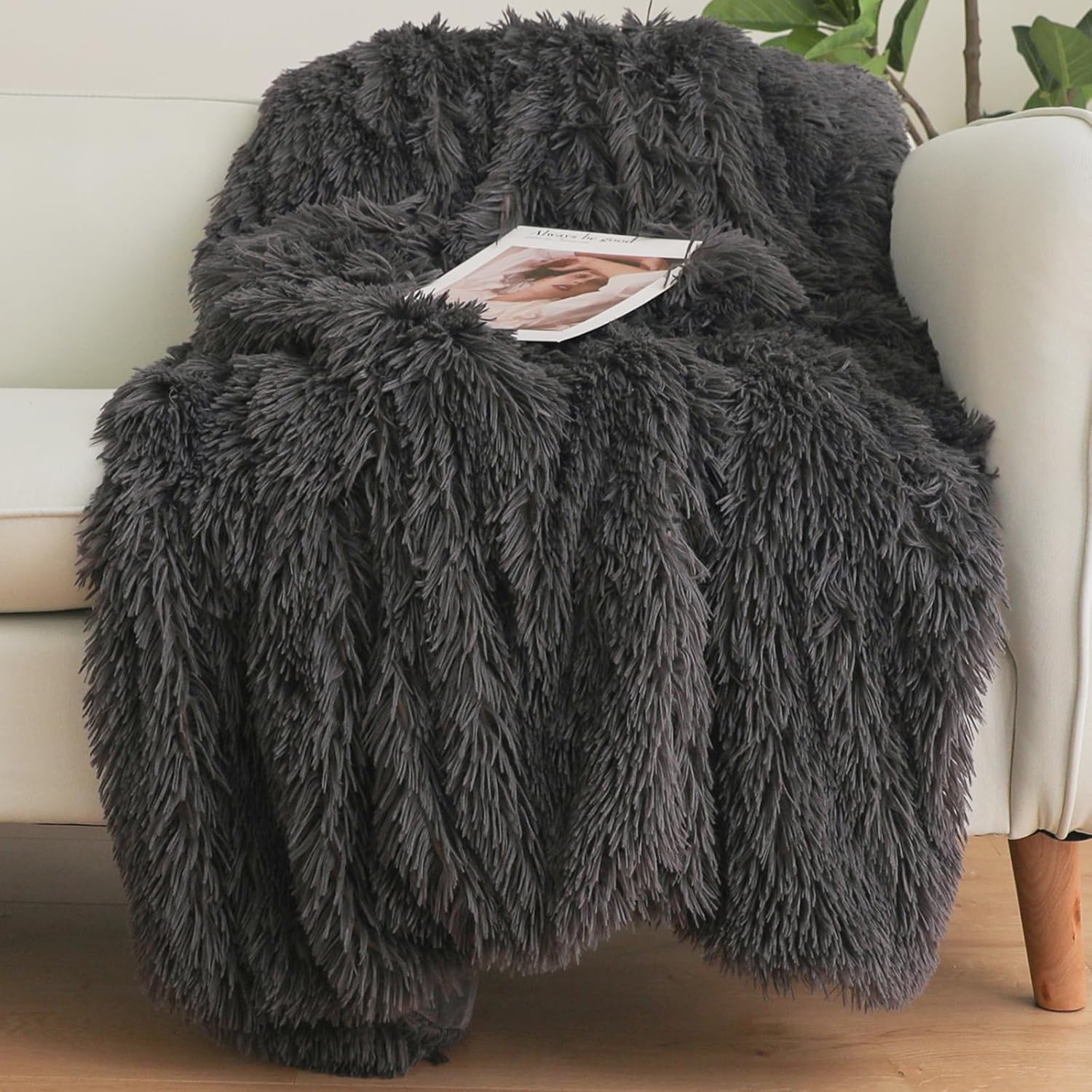 Dark Grey Fluffy Throw Blanket –  Soft & Cozy Plush Blanket, Fuzzy Shaggy Couch Bed Cover for Living Room, Bedroom Decor – Gift for Women, Men, Him & Her