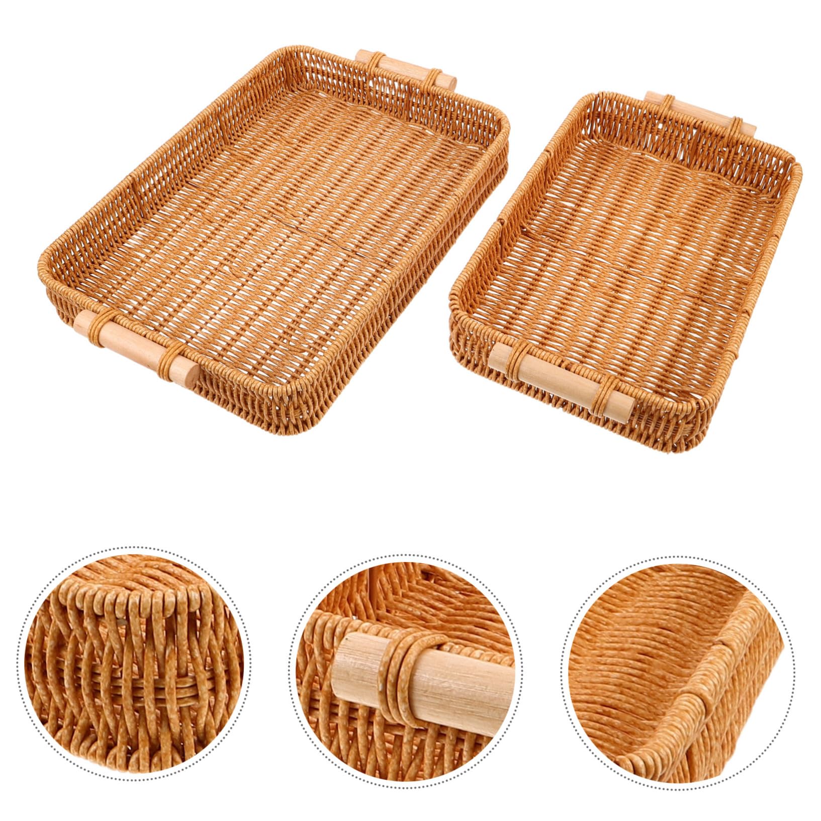 NOLITOY 2 Piezas Cestas de Pan Tejidas Mano con Asas de Madera Bandejas Rectangulares de Ratán Sintético para Servir y Almacenar Organizador Artesanal para Cocina y Comedor
