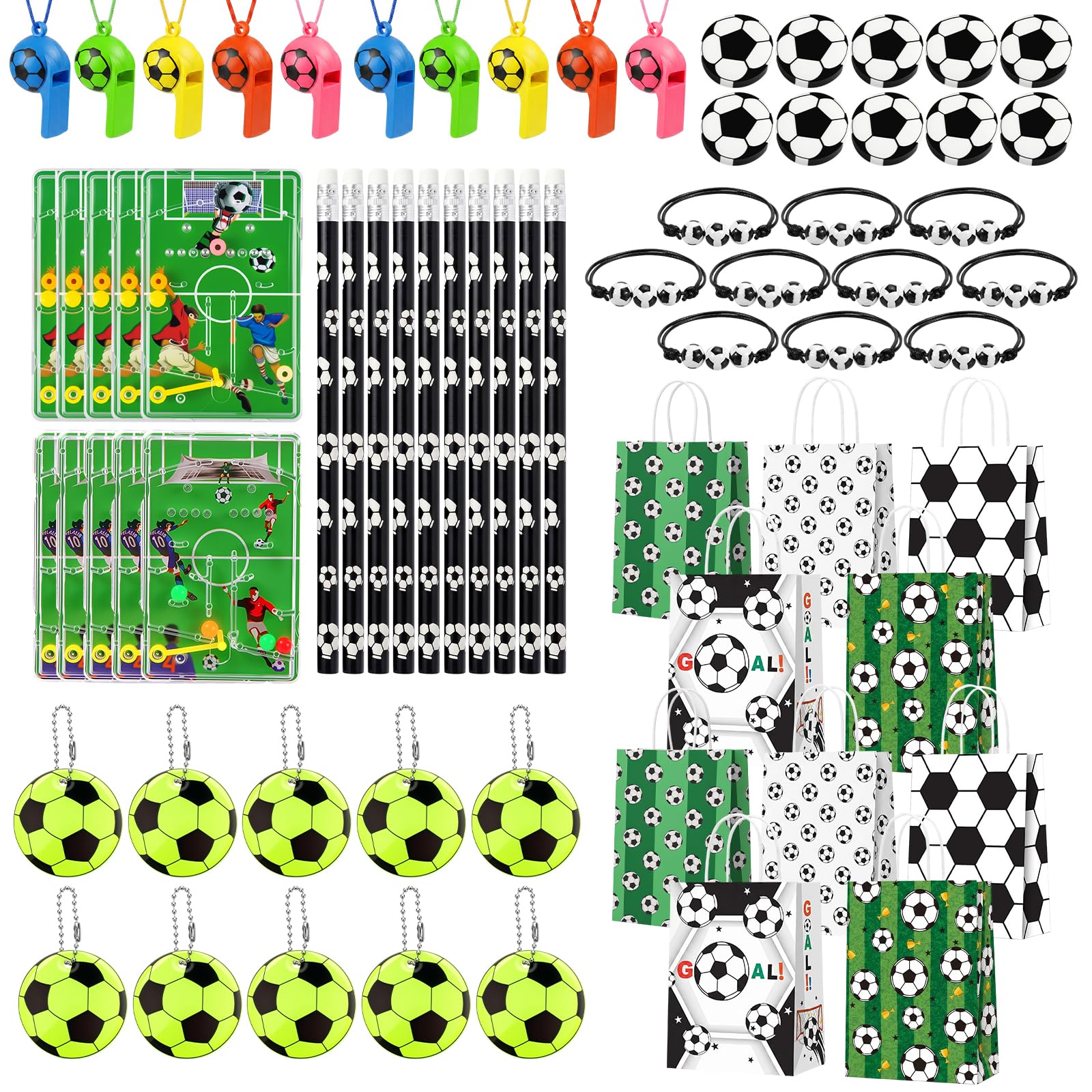 GLGHMH 70PCS Football Party Supplies Set Soccer Match Celebration Favours Multi-Variety Sports Themed Accessories Bundle With Whistles Keyrings Bracelets Pencils Pinballs And Bags For Fans Pub Events