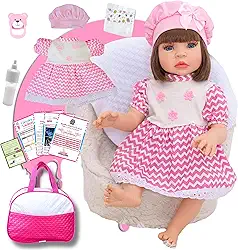 Boneca Bebê Reborn Menina Realista em Silicone com Bolsa Maternidade e Acessórios Inclusos 48 cm (Listra Rosa)
