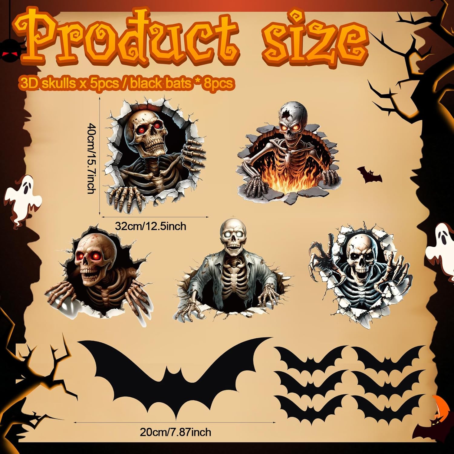 13 Pcs 3D Large Magnetic Halloween Garage Door Decorations Magnets Skeleton Black Bats Magnets Decor for Halloween Party Spooky Decorations Garage Home Door Car