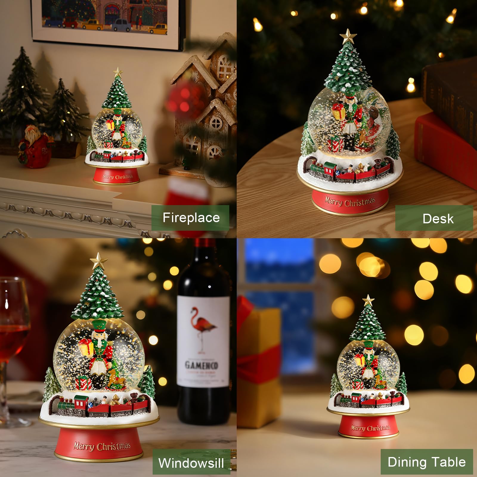 Lewondr Globo de Nieve Navideño, Globo de Cristal con 8 Canciones Navideñas, Caja de Música Eléctrica Reno con Tren y Cascanueces, Decoración de Navidad para Chimenea de Dormitorio