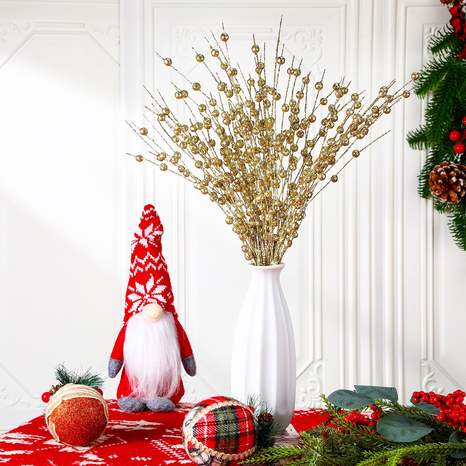 Leumoi 54 Stück 4 Stile Weihnachtssterne künstliche Beeren Picks Weihnachtsbaum Ornamente Kit Glitzer Blumen mit Schleifen, Stielen, Clips, Floral Weihnachtsdekorationen für Kranz Kamine (Gold)