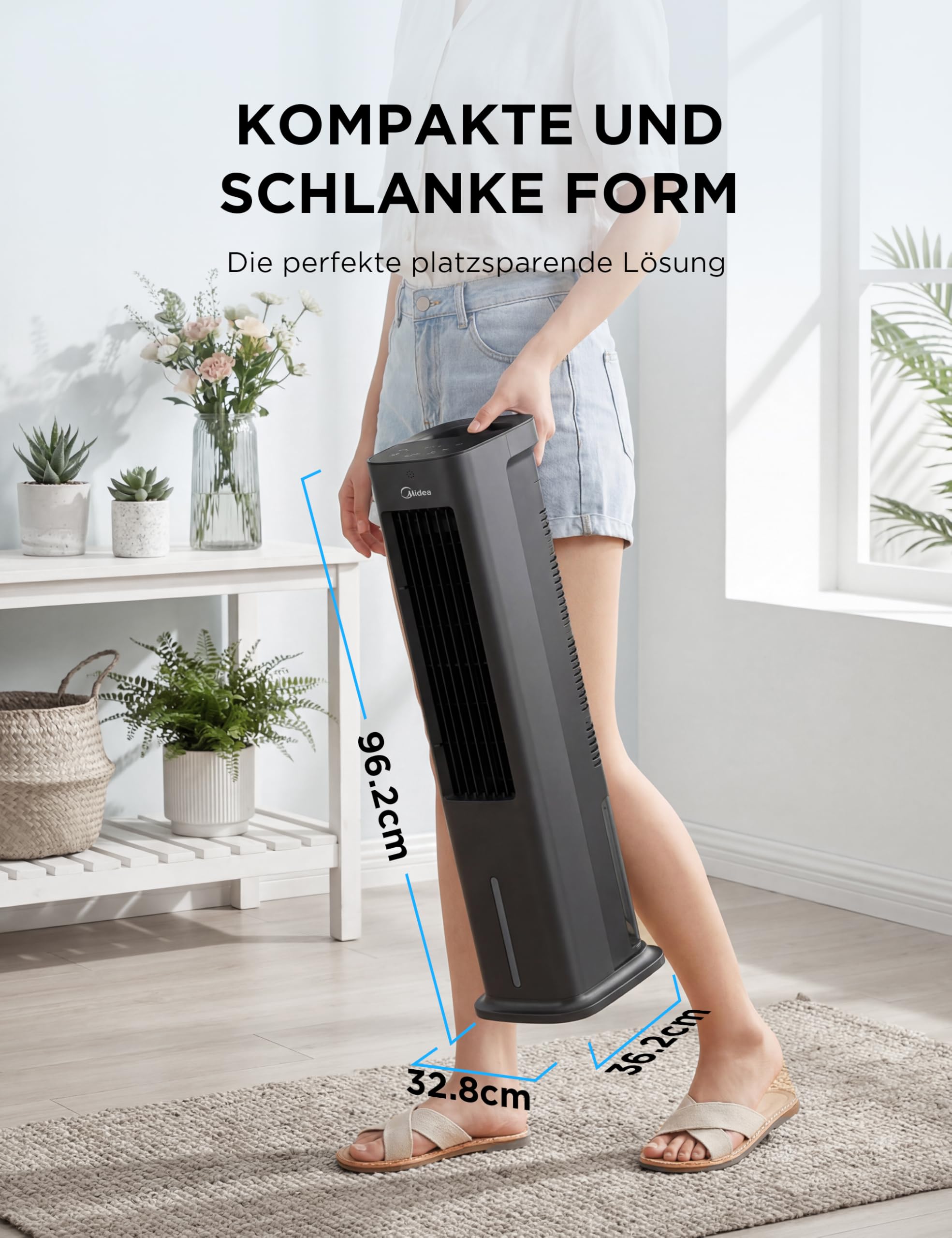 Midea AC100-20ARB(BK) Turmventilator mit Wasserkühlung – 4-in-1 mobiler Luftkühler, Ventilator, Luftbefeuchter & Reiniger mit Fernbedienung, für Schlafzimmer, Home-Office, 5L Tank, Schwarz