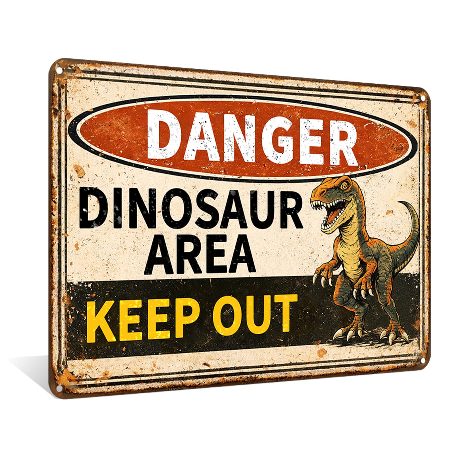 "Danger Dinosaur Area Keep Out" Distressed Metal Aluminum Sign Wall Decor for Kids' Bedroom, Playroom, Living Room, Entryway Nook - 12x8 Inches Humorous Dinosaur Decor (26006)
