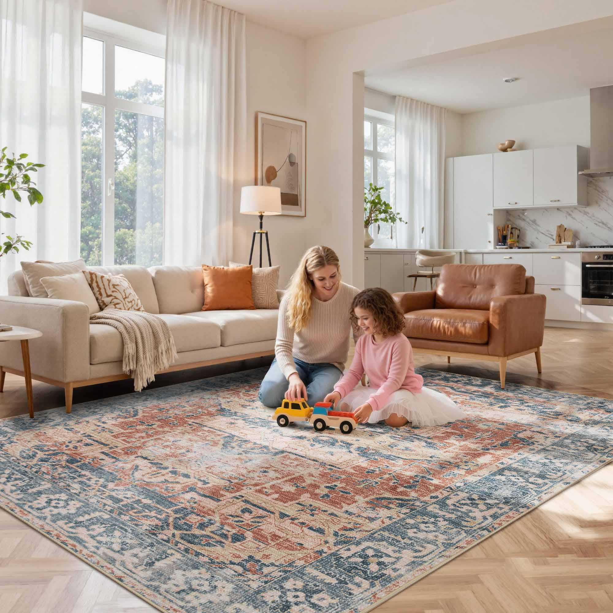 Rugxara 8x10 Area Rugs for Living Room Bedroom, Large Washable Rug, Coral Vintage Retro Boho Rug, Non Slip & Low Pile Faux Wool Thin Carpet for Indoor