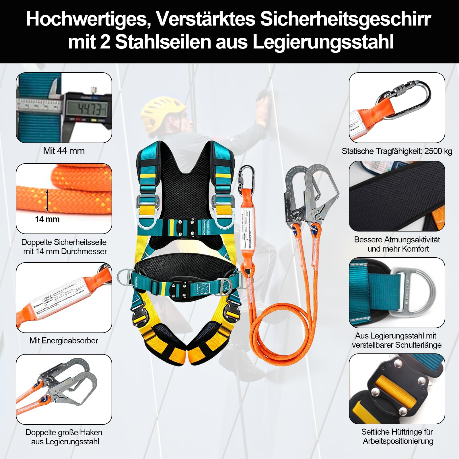 Auffanggurt Absturzsicherung Set mit Falldämpfer, Sicherheitsgürtel-Kit mit 2M Lanyards, Taille und Schulterschutz Bauprojekte Dachbetrieb in hoher Höhe, Feuerrettung Sicherheitsseil, CE-Zertifiziert