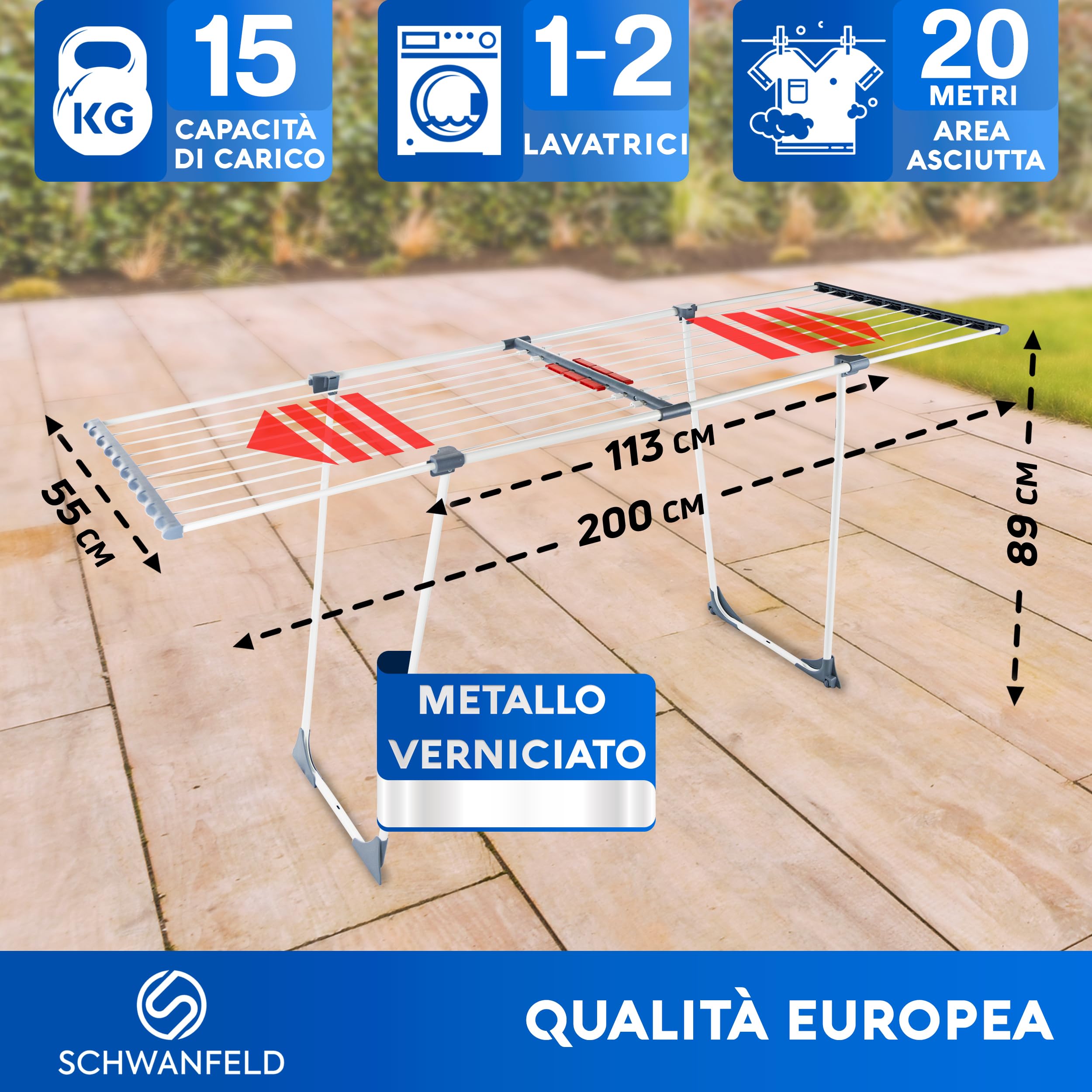 SCHWANFELD Stendibiancheria allungabile 20 m – Stand pieghevole XXL – Asciugatrice alta qualità