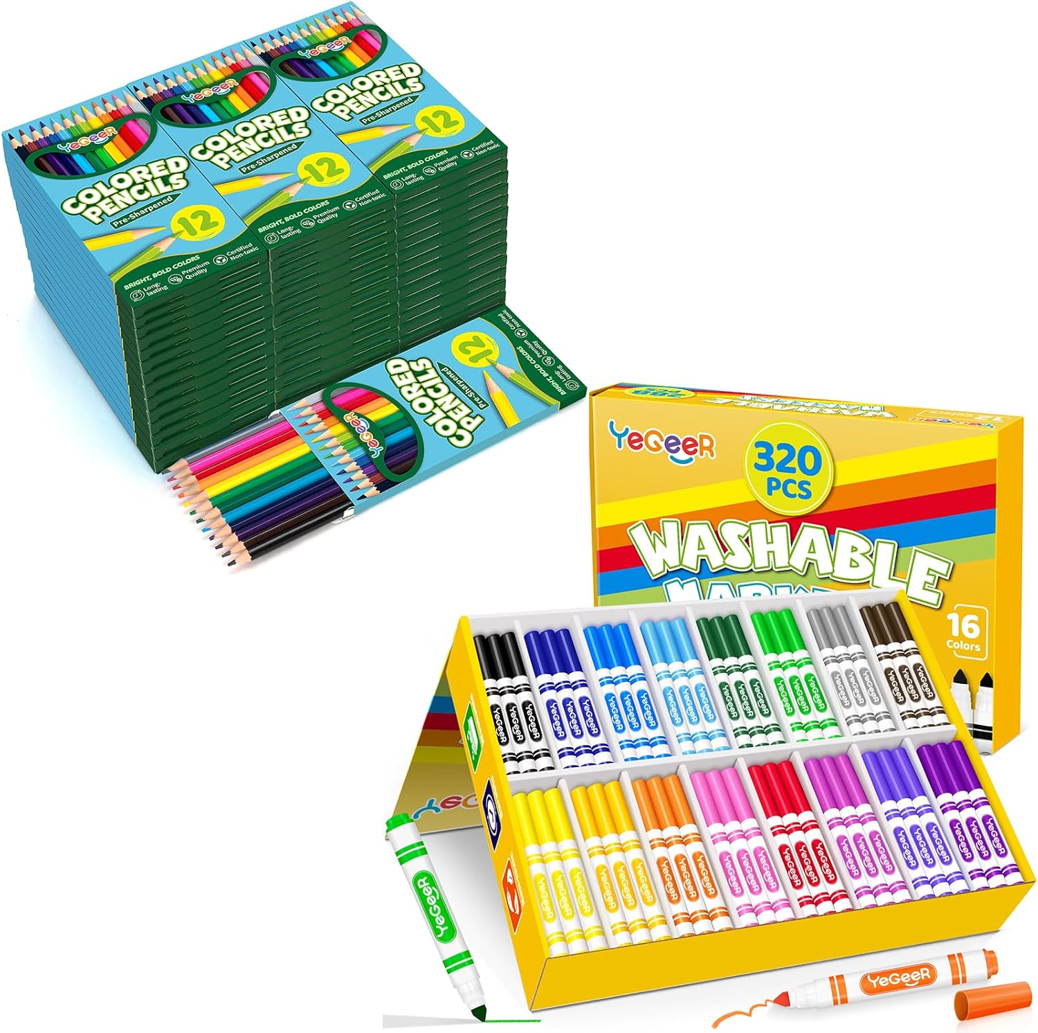 528 Colored Pencils and 320 Washable Markers Bulk Set - 12 Assorted Colors, Pre-Sharpened, Bulk Pack, Suitable for Classrooms, Art, School Supplies