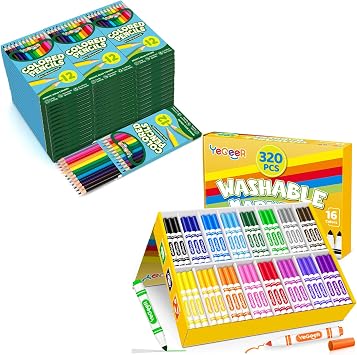 YEGEER 528 Colored Pencils and 320 Washable Markers Bulk Set - 12 Assorted Colors, Pre-Sharpened, Bulk Pack, Suitable for Classrooms, Art, School Supplies