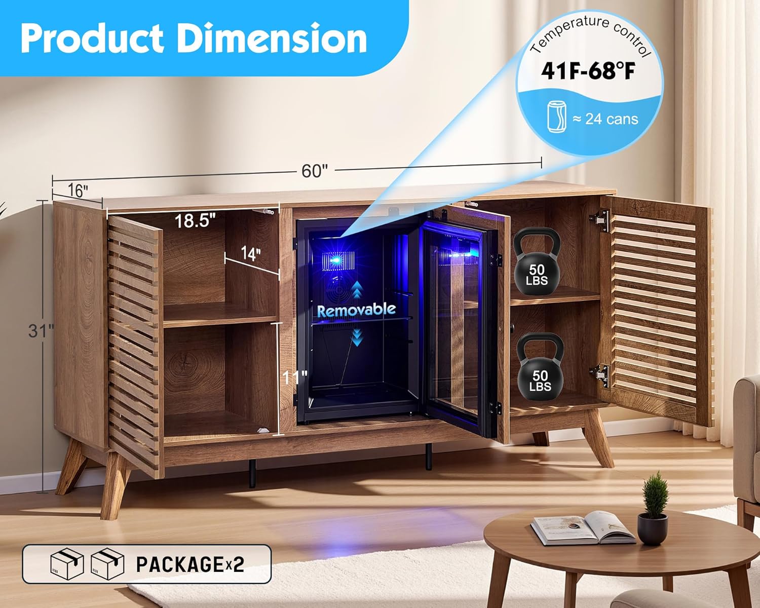 60" Farmhouse Coffee Bar Cabinet with Beverage Fridge (Included), Wine Bar Cabinet with Drawer Storage, Mini Fridge Cabinet, Sideboard Cabinet for Dining Room, Living Room-Brown