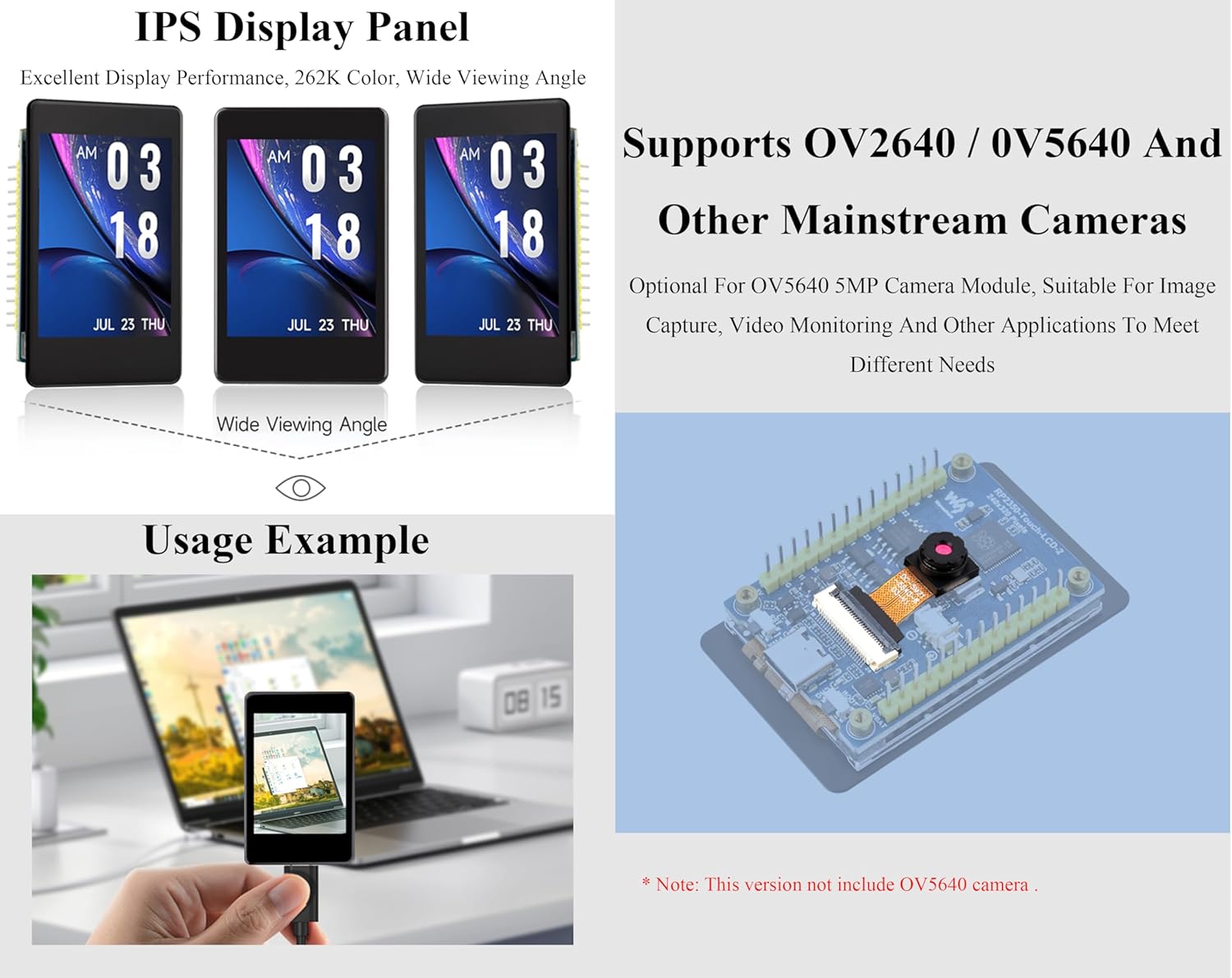 RP2350 2inch Capacitive Touch Display Development Board, 240x320 IPS LCD, 262K Color, 16MB Flash Memory, Onboard Camera Interface, 6-Axis Sensor, GPIO Pre-Soldered Header,Type-C, etc.
