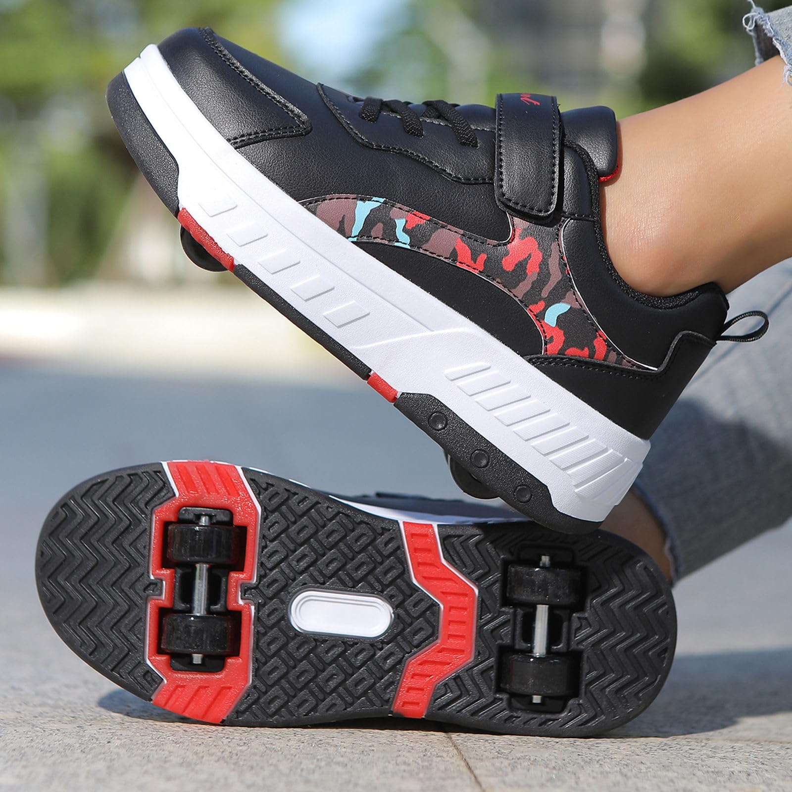 Surwin Chaussures Enfant avec roulettes, Motif Camouflage Chaussures à roulettes 4 Roues Boucle en Nylon Chaussures de Skateboard Fille Garçon Basket à roulettes Chaussure Roller