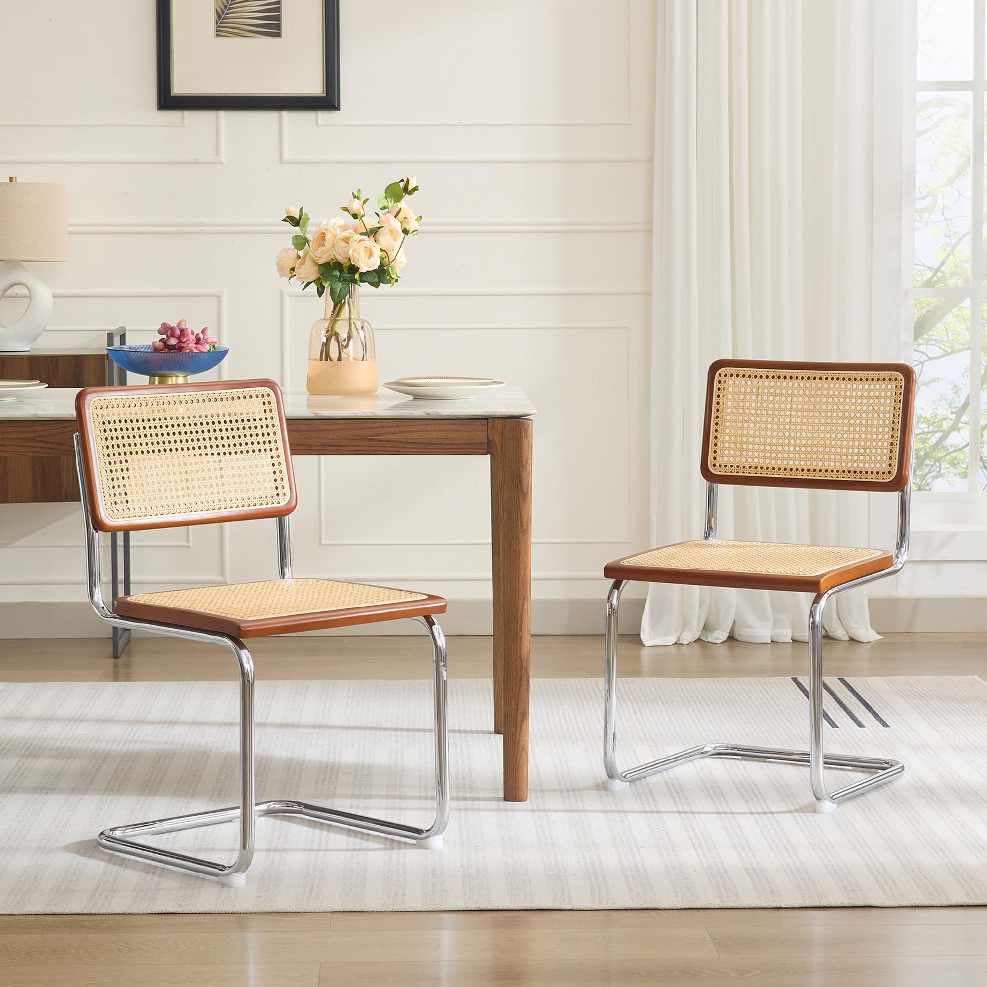 Zesthouse Cantilever Rattan Dining Chairs Set of 2, Mid-Century Modern Undyed Wooden Kitchen Chair with Natural Cane Mesh, Boho Accent Chair for Home