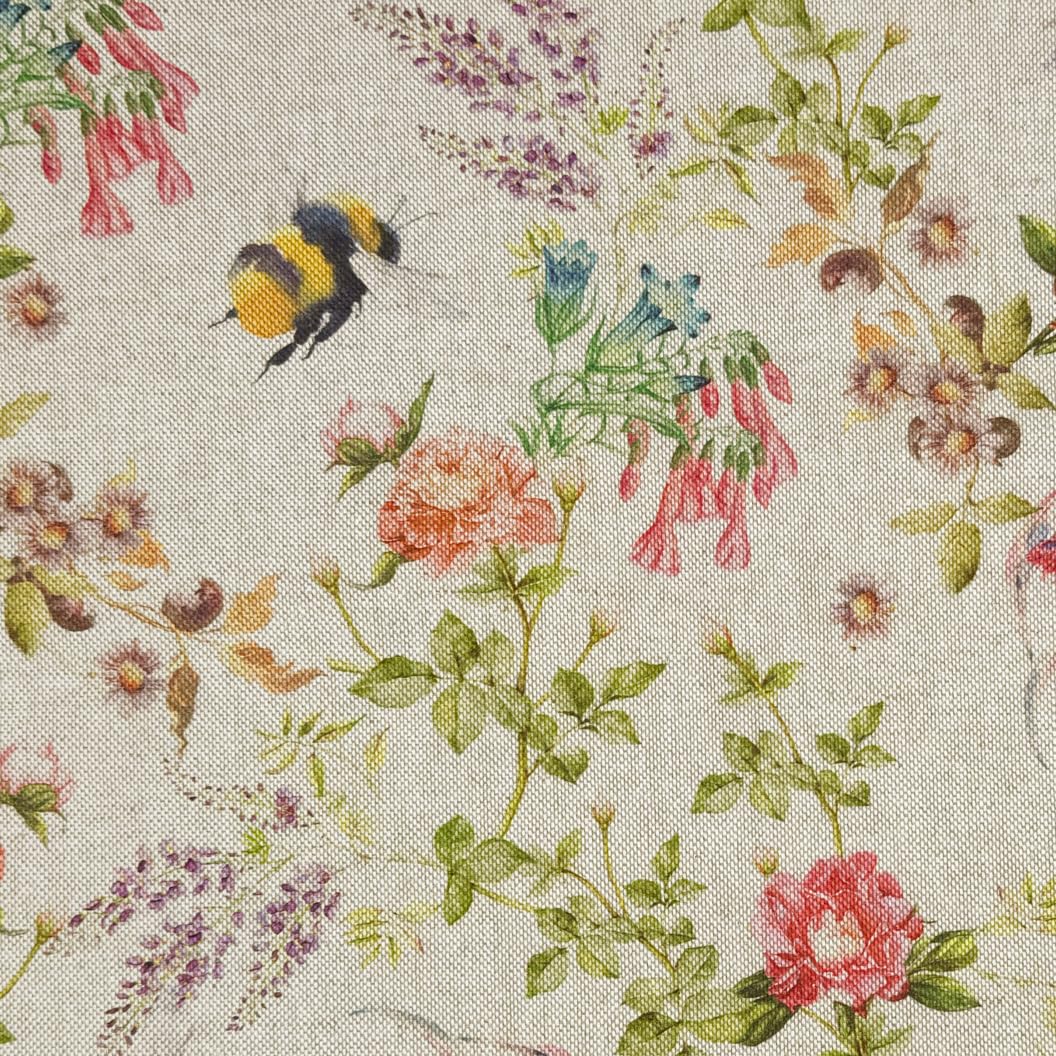 Canvas Fabric - Botanical Floral Bumble Bees Print Linen Look Craft Fabric Material Metre