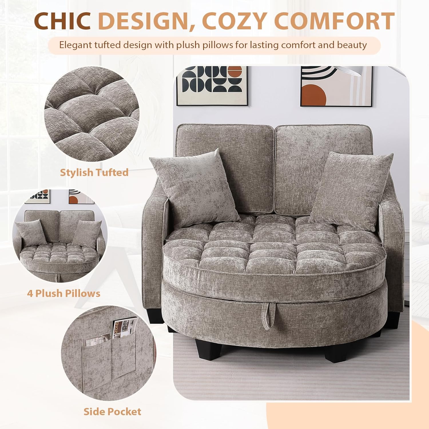 Oversized Curved Chaise Lounge Chair Indoor with Ottoman, 54.8" Cloud Boneless Reading Chair Soft Chenille Circle Couch w/Adjustable Backrest for Living Room, Apartroom, Bedroom, Brown