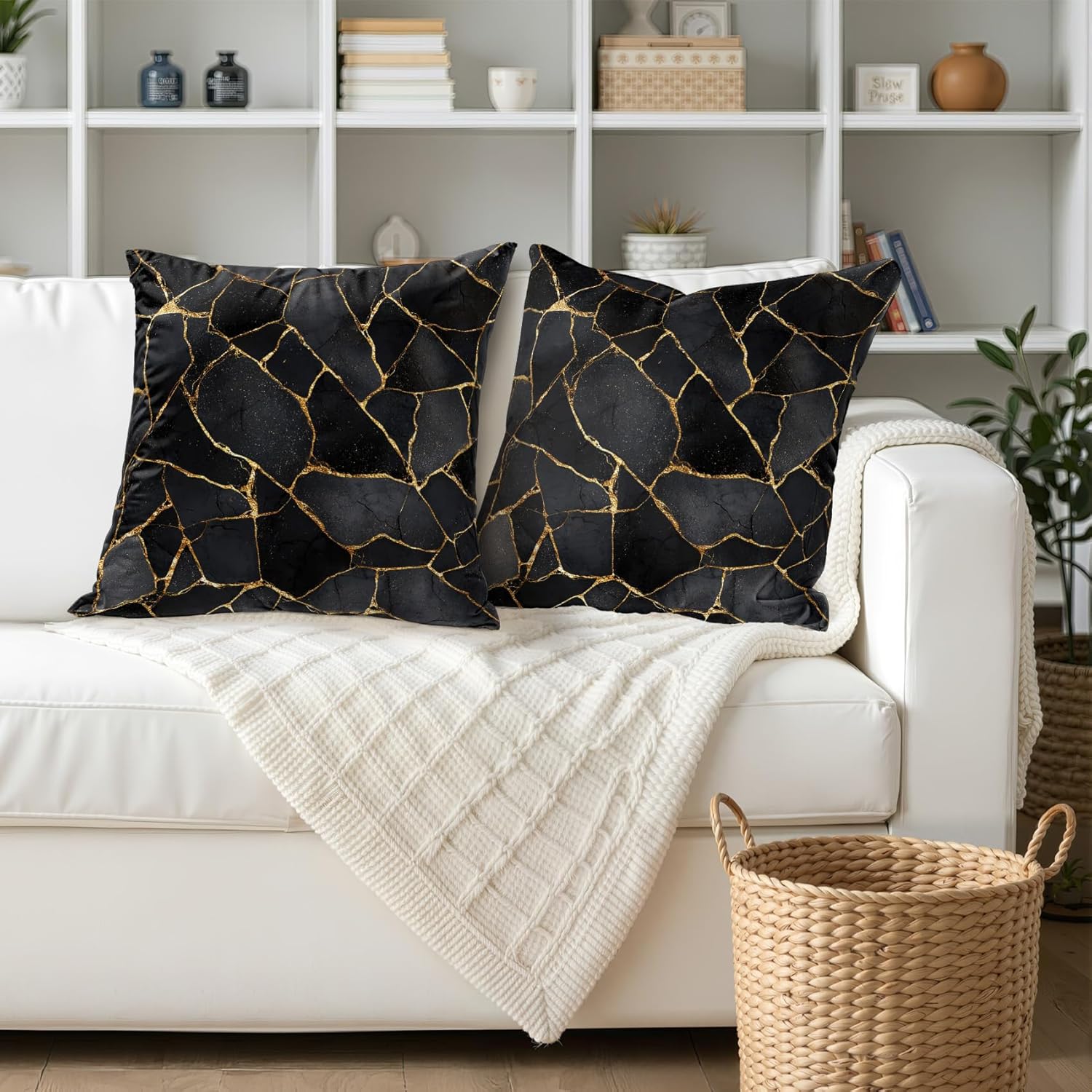 Marble Couch Pillow Covers - 24x24 Throw Pillow Covers Set of 2, Black and Gold Abstract Modern Double Sided Print Pillowcases for Couch Living Home Decor #M154