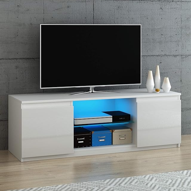Modern TV Unit Cabinet Stand Sideboard High Gloss Doors with LED Lights Glass Shelf,120cm*40cm*40cm (White, With LED)