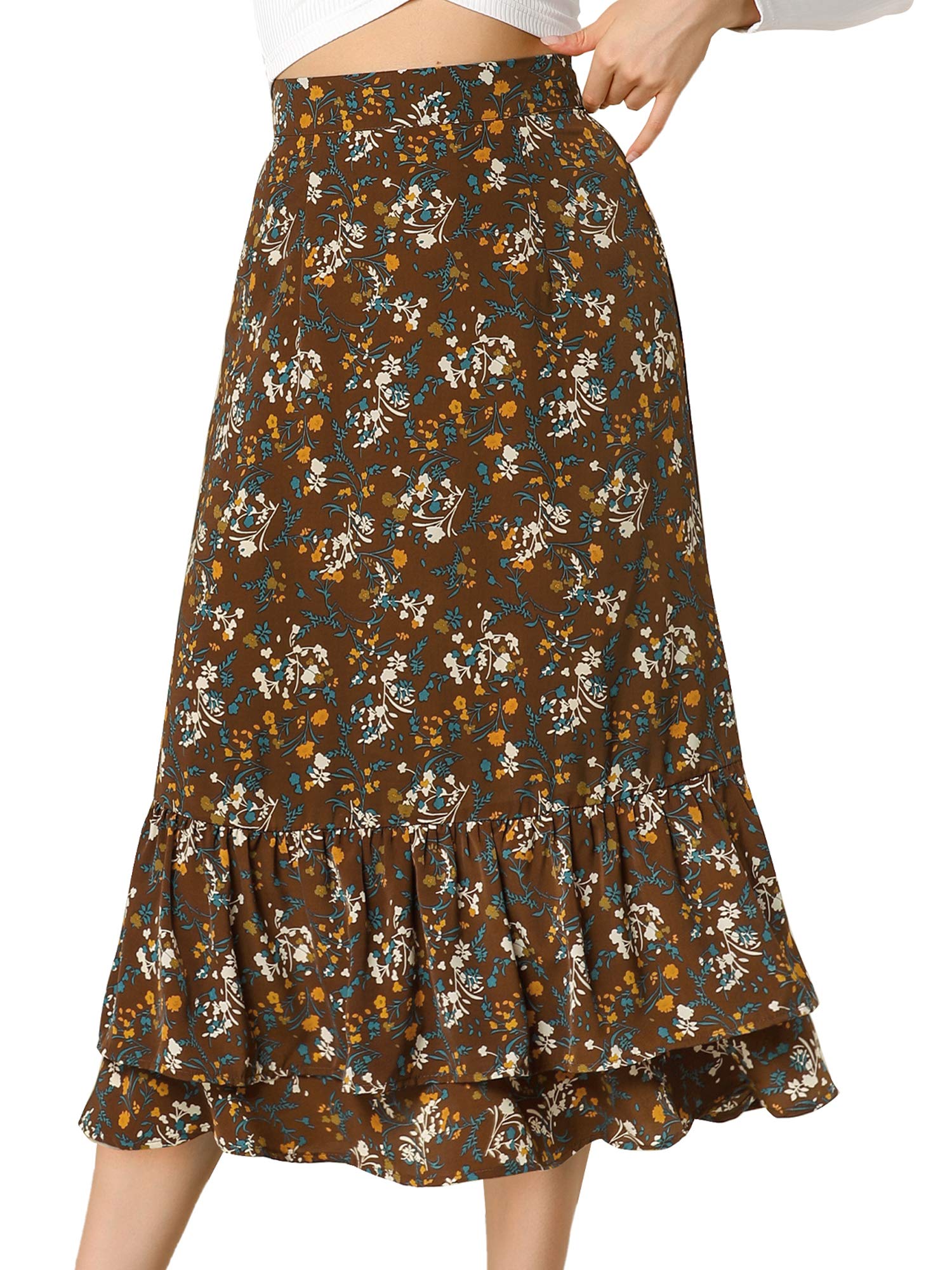 Photo 1 of Allegra K Women's Printed Skirt 2025 Weekend Trendy Summer Chiffon Ruffle Tiered Flowy Midi Skirts Medium Brown-Floral