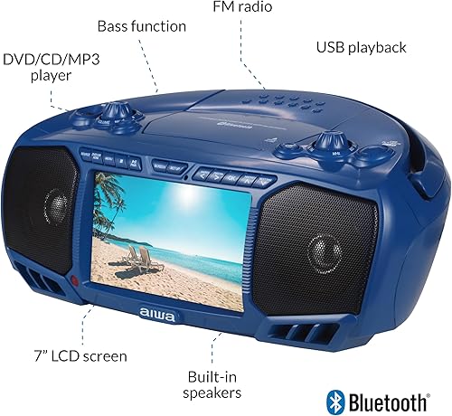 Miniatura 2 de Aiwa Boombox portátil, sonido cristalino con 3W x 2 altavoces y función de bajos, con una pantalla LCD de 7 pulgadas, conectividad Bluetooth, radio