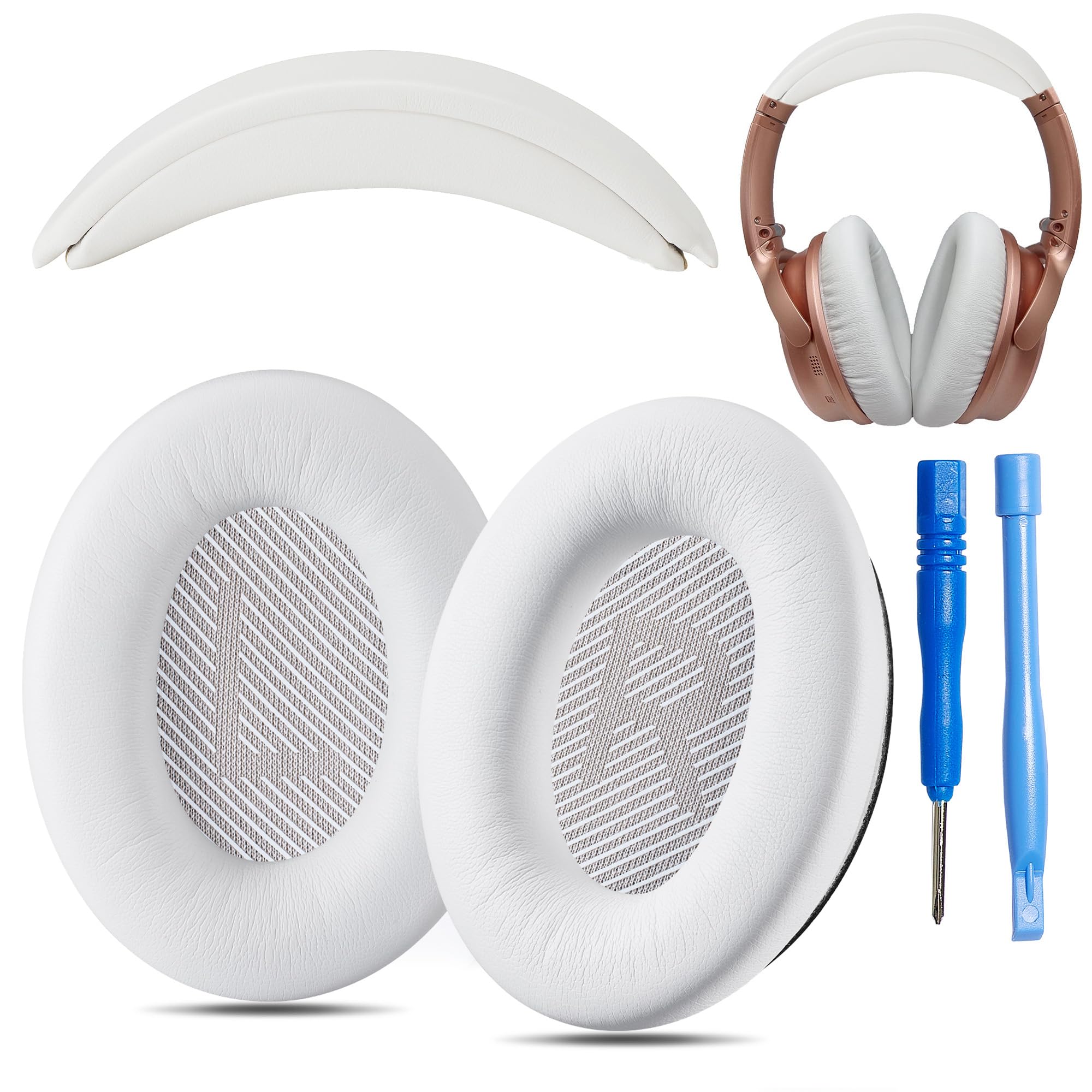 AHG QC35 Oreillettes / QC35 ii Kit de coussinets pour bandeau Compatible avec casque Bose QuietComfort 35 ii / QC35 (blanc). Design de bandeau haut de gamme | Assemblage à faire soi-même sans couture