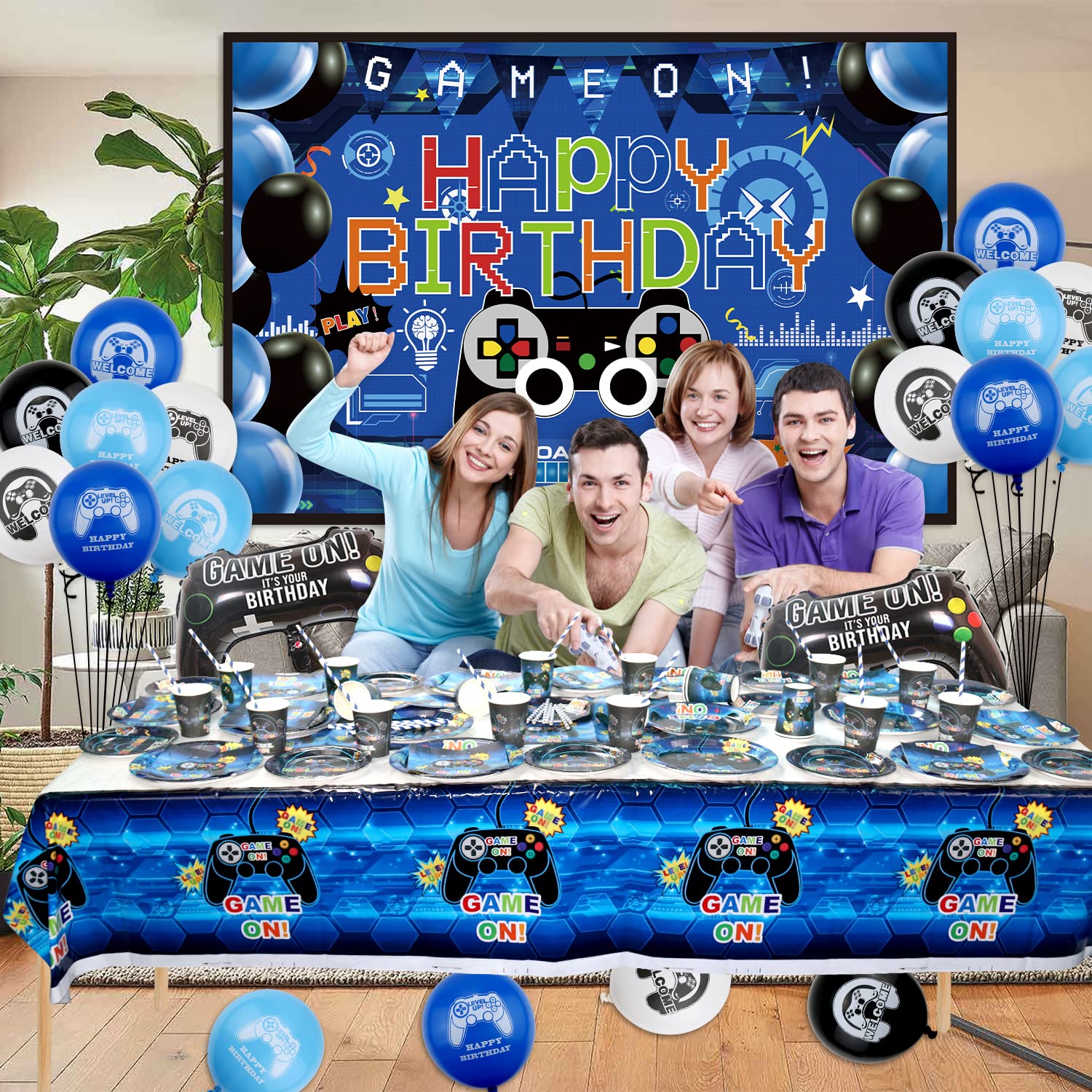 Forniture Per Feste Per Videogiochi Set, Inclusi Happy Birthday Fondale da Gioco, Piatti, Tazze, Palloncini ,Tovaglie,Cannucce, per Ragazzi Compleanno Favors Party Decorazione Per (Serves 20 )