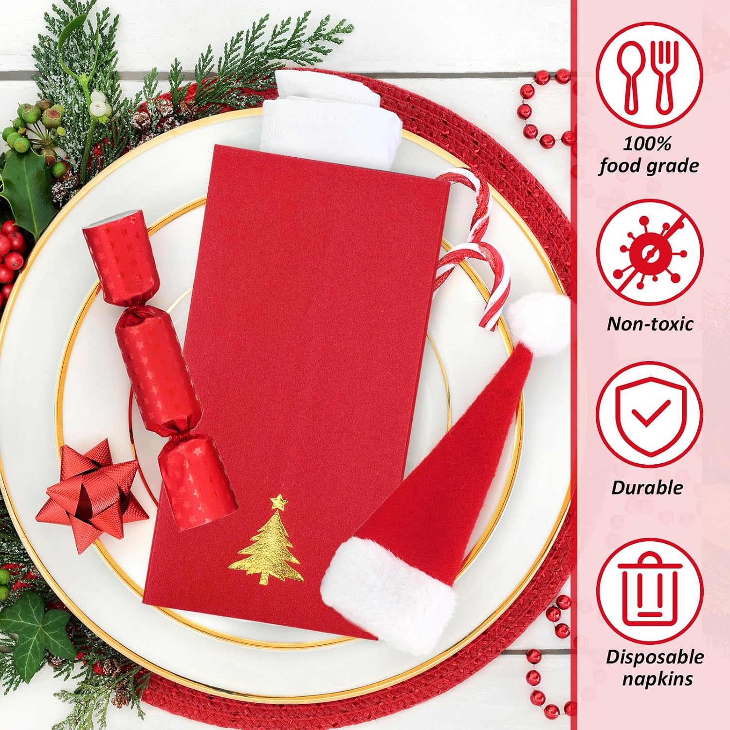 100 Pcs Christmas Disposable Hand Towels Foil Stamped Paper Guest Towels Napkins Xmas Tree and Linen Hand Towel for Party Lunch Dinner Kitchen Bathroom(Red, Christmas Tree)