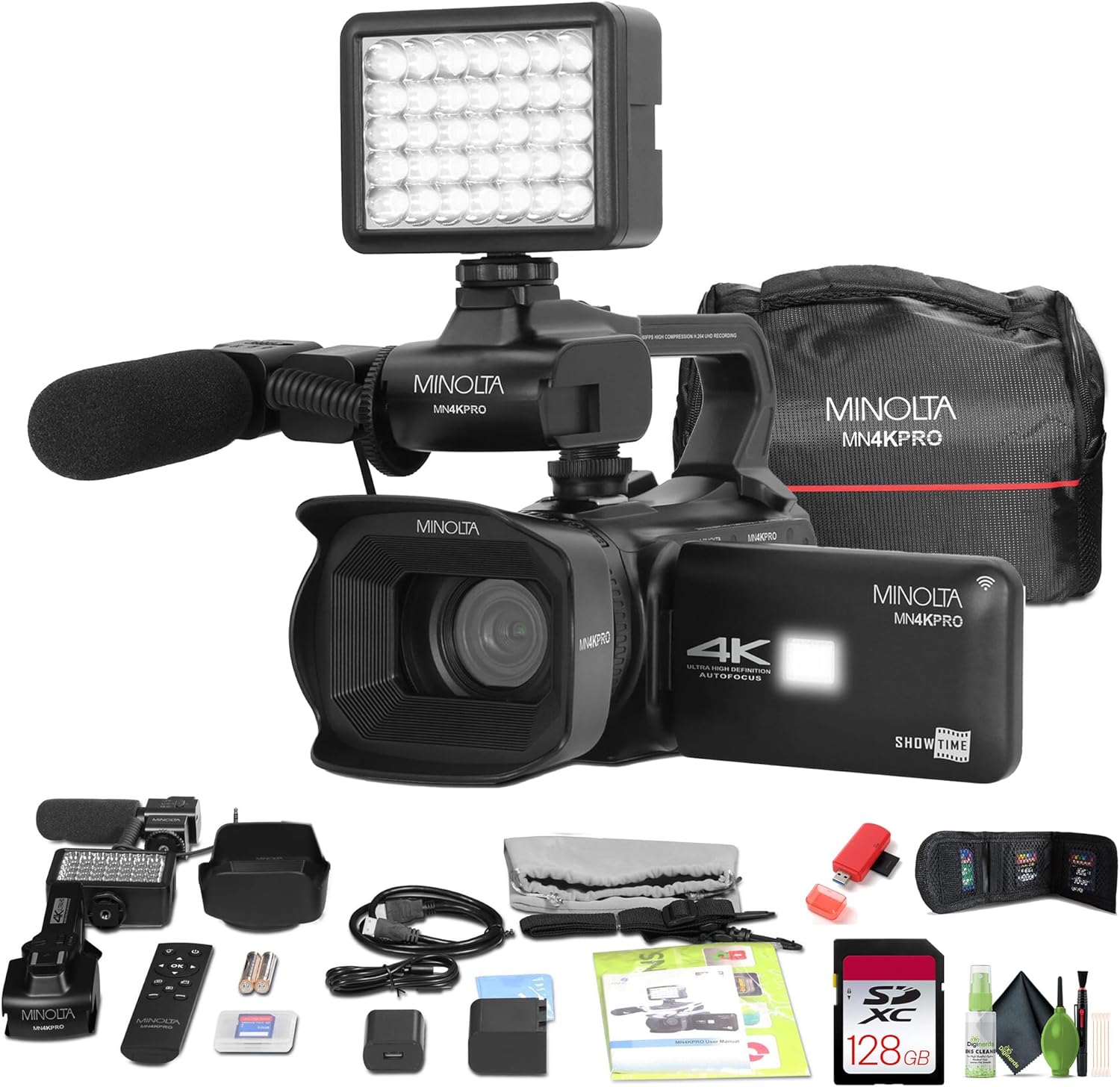 Minolta MN4KPRO 4K60FPS UHD 64 MP Autofocus Pro Camcorder Kit w/WiFi Bundle with 128GB Memory Card + Cleaning kit + Memory Card Wallet + USB Card Reader, SD/microSD