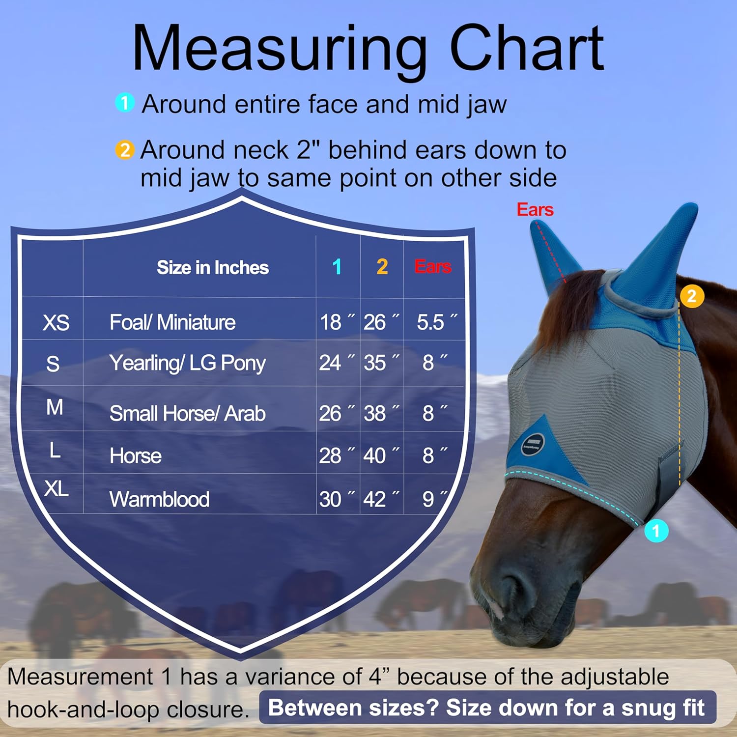 Horse Fly Mask, Adjustable Fly Masks for Horses with Ears, Breathable and 70% UV Protection, Comfort Mesh Without Nose Cover, Horses Accessories (Grey, Blue, Large)