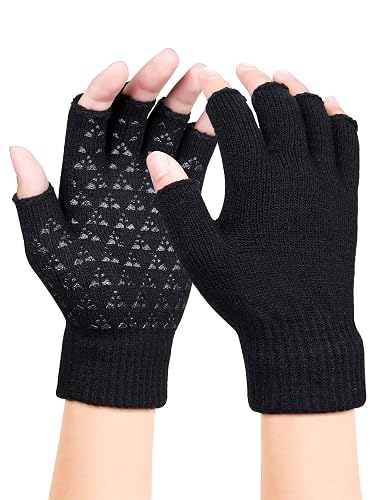 Winter Rutschfester Fingerlose Handschuhe, Thermisch Half Finger Handschuhe, Anti-Rutsch Sporthandschuhe Fingerhandschuhe Warme Dehnbare Strickhandschuhe für Herren Damen - Schwarz
