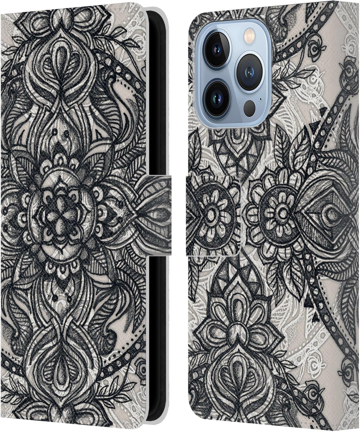 Head Case Designs Officially Licensed Micklyn Le Feuvre Denim Blue Lace Pencil Doodle Mandala 3 Leather Wallet Case Compatible with Apple iPhone 13 Pro