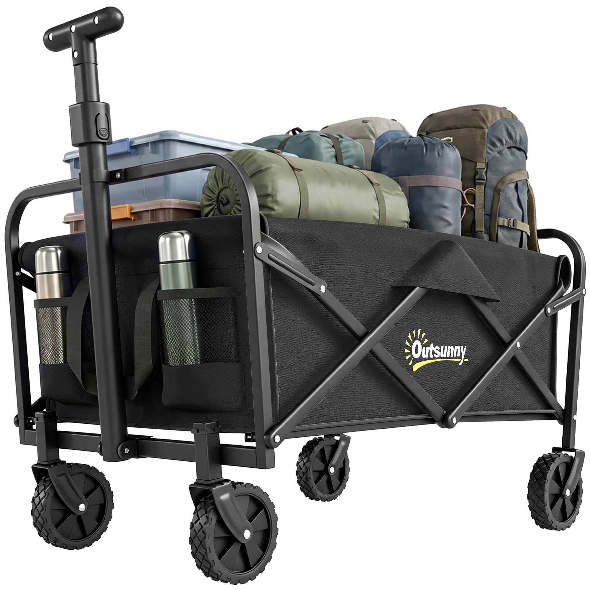 Outsunny Carrello da Giardino da 62L con Ruote Girevoli, Carrello Spiaggia Pieghevole in Metallo e Tessuto Oxford con Borsa e Maniglia Girevole e Regolabile, 76x48x86 cm, Nero