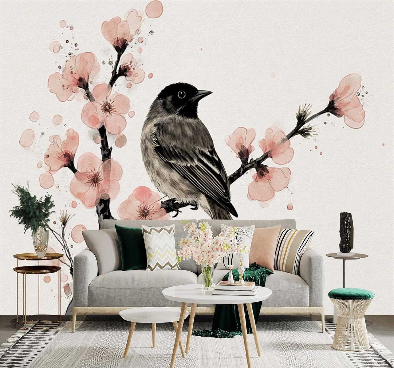XLMING Watercolour Small Birds Cherry Blossoms Nature Art 3D Wallpaper Silky Texture Home Study Office Grey Dining Room Sofa Bedroom Living Room TV Backdrop-250cm×170cm