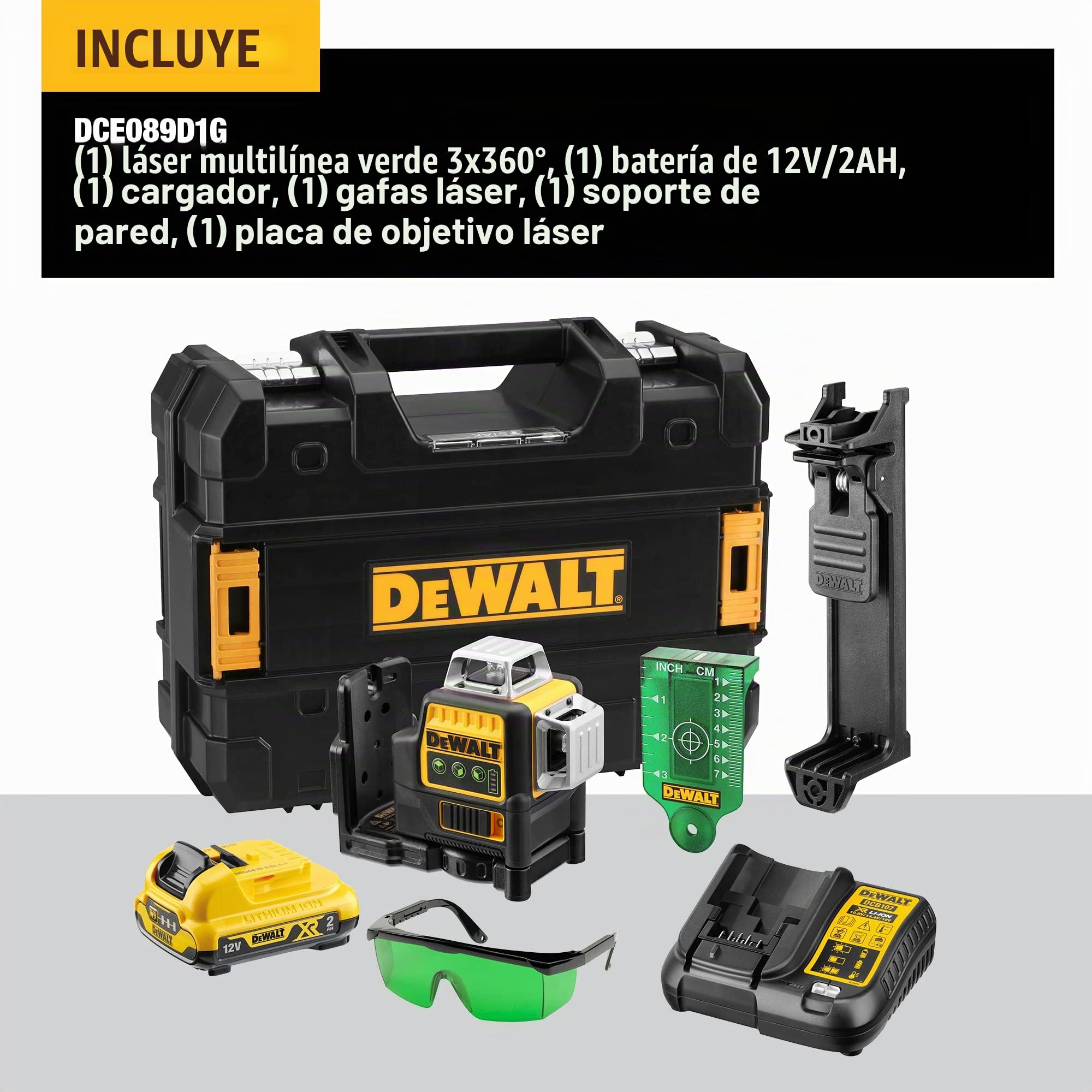 DEWALT DCE089D1G-QW - Láser autonivelante de 3 lineas de 360º-Incluye batería DW 10,8V Litio-Verde & DCF620D2-QW DCF620D2-QW-Atornillador Panel Yeso sin escobillas XR 18V con 2 baterías Li-Ion 2