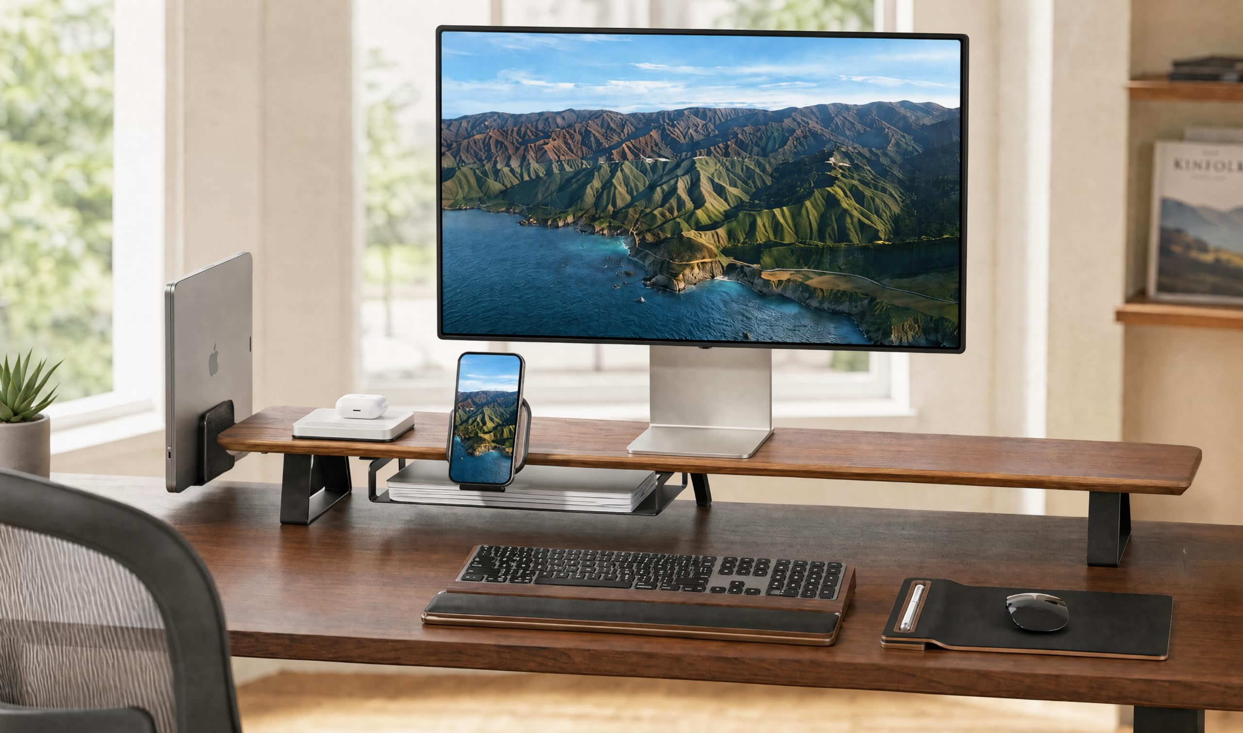 Monitorständer Desk Shelf 100 cm Walnuss | Monitorerhöhung Holz mit modularem Schienensystem | Schreibtisch-Organizer für kompakte Setups