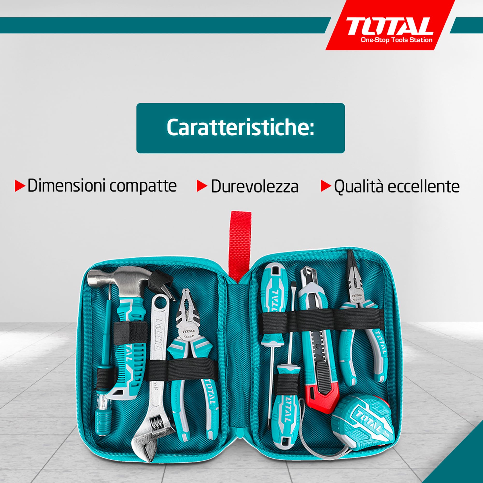 Total - Set di 9 Attrezzi in Custodia di Tela - Metro a Nastro, Cacciaviti, Chiave Regolabile, Pinze, Cutter e Mini Martello - Kit di Utensili Perfetto per Casa, Auto o Progetti