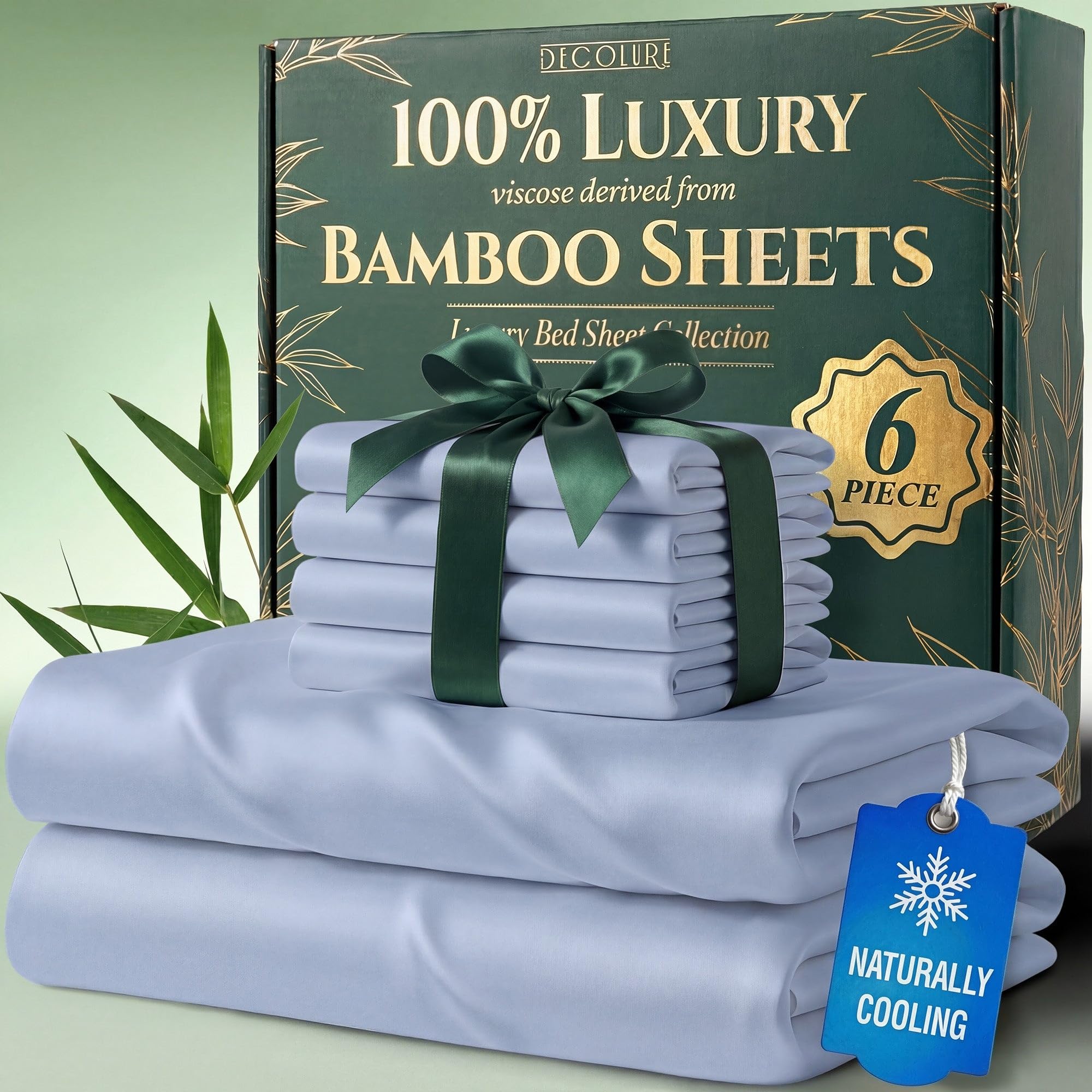 DECOLURE 100% Viscose Derived from Bamboo Sheets Queen Size - Luxury 6 Pc Naturally Cooling Sheets, Ultra Soft Bed Set - Deep 17" Pockets, Durable Double Stitching, Oeko Tex Standard (Light Blue)