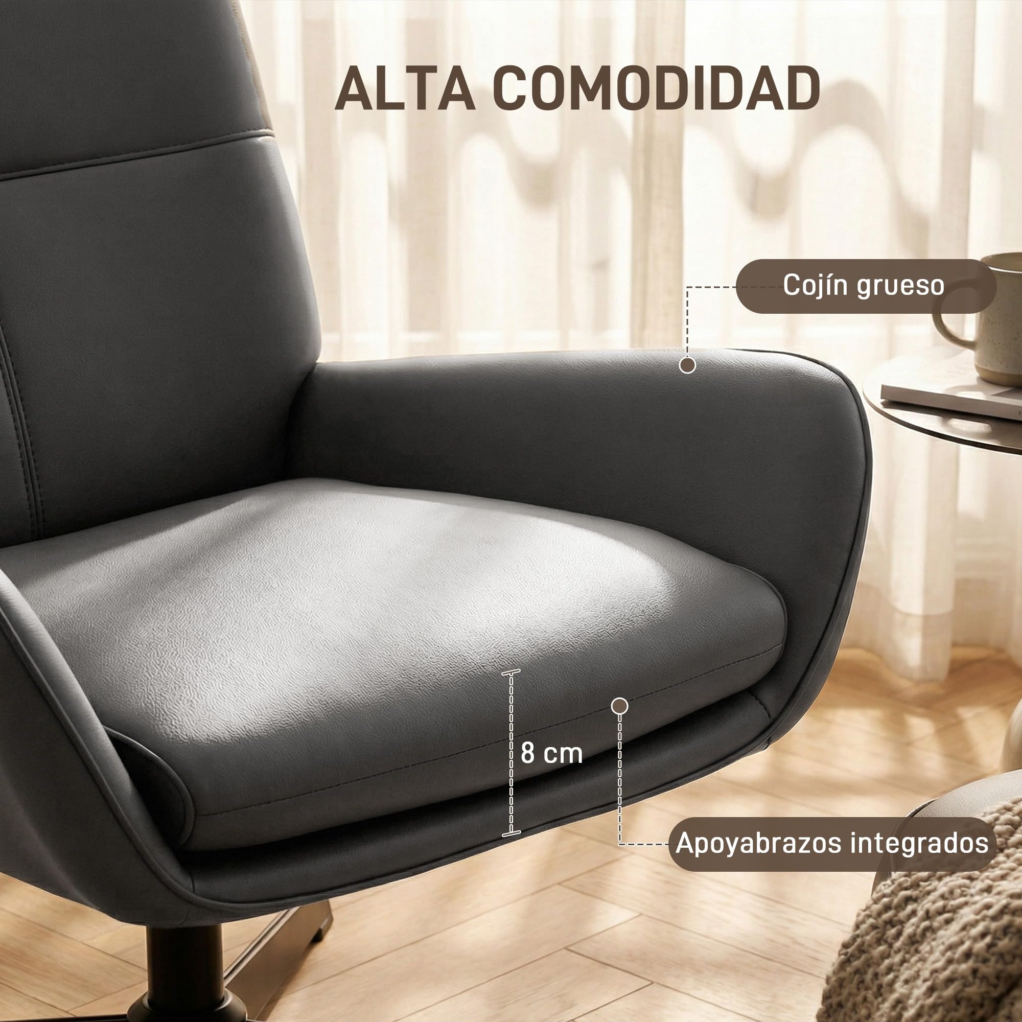 HOMCOM Sillón Giratorio, Butaca de Salón Tapizado en PU, Sillón Lectura con Asiento Acolchado, Reposabrazos, Patas Metálicas, para Sala de Estar, Dormitorio, Gris