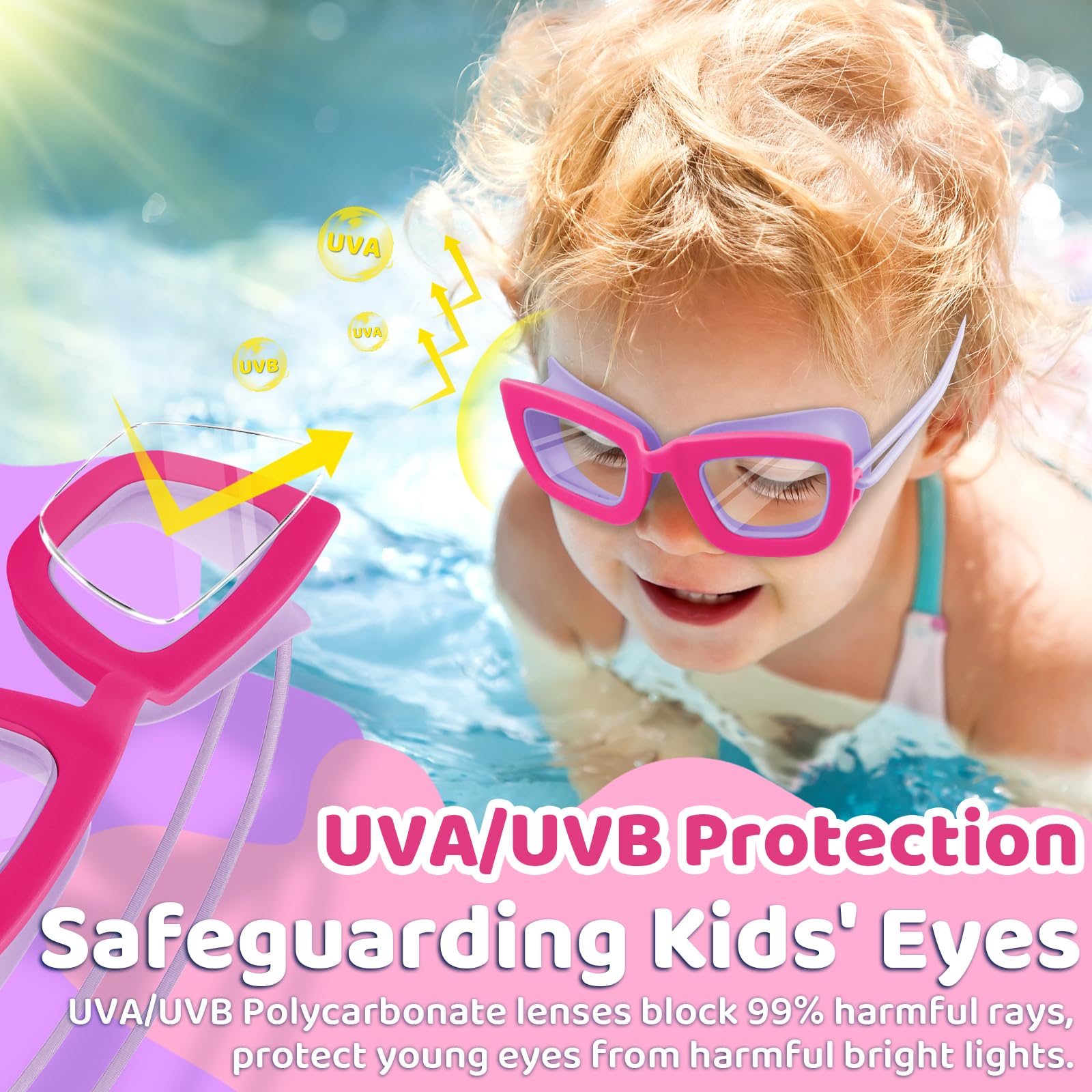 Vvinca Lot de 2 paires de lunettes de natation pour enfants avec sangle élastique, anti-buée/UV pour enfants de 3 à 10 ans
