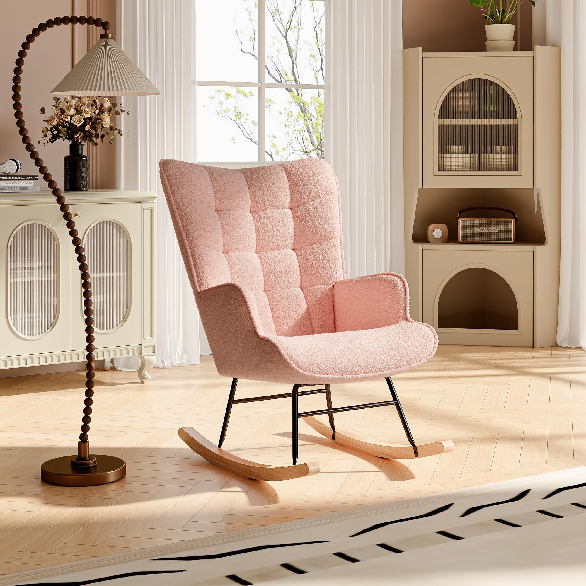 Sedia a dondolo Rosa, Rocking Chair, Sedia per l'allattamento, Sedia in velluto Teddy con gambe in legno massiccio, per soggiorno, camera da letto, balcone (rosa)