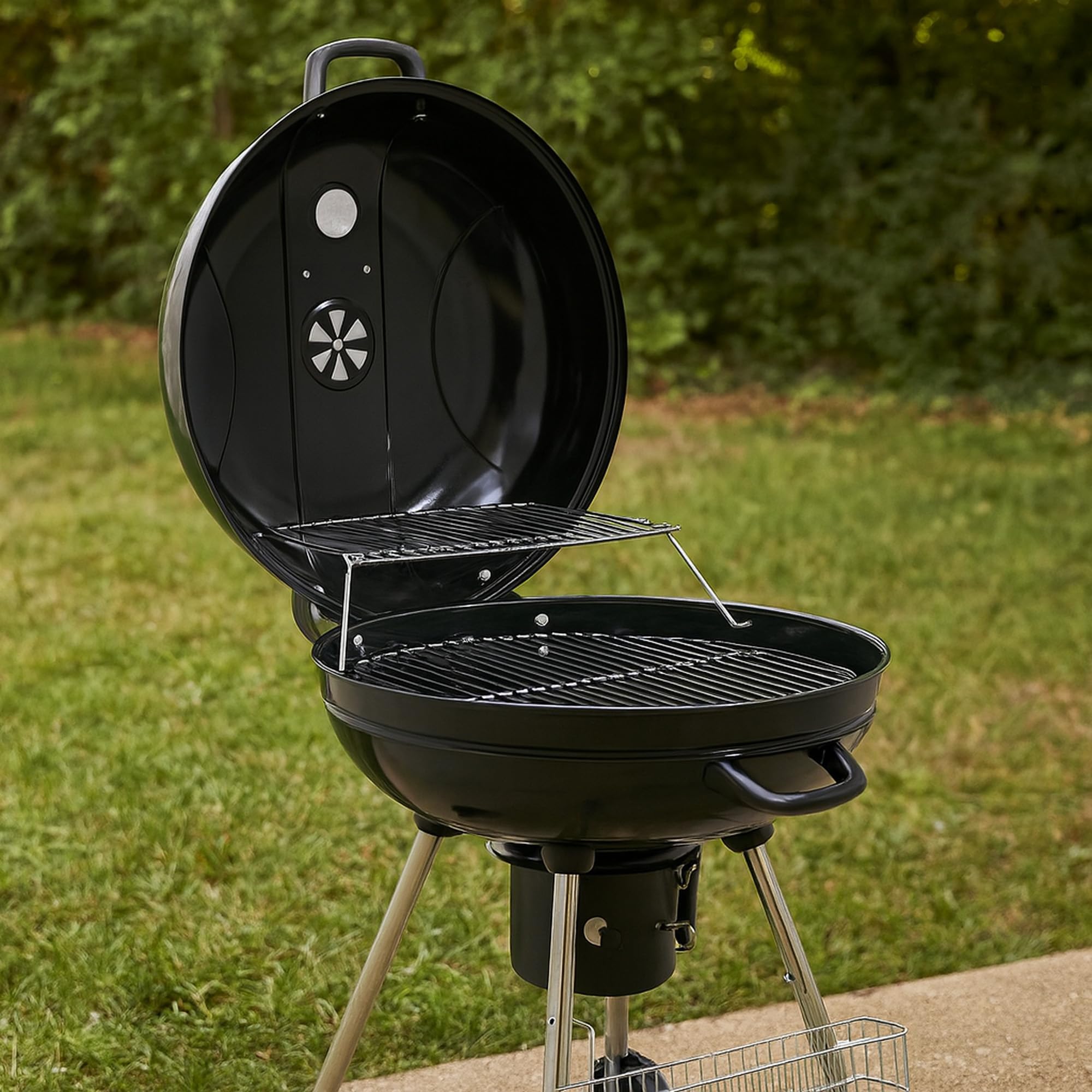 BBQ-Toro Barbacoa de Carbón con Tapa, Termómetro y Regulador de Aire "Birch" | 57 cm | Superficie de Parrilla Ø 55 cm | Barbacoa Portátil | Barbacoa con Ruedas | con 2 Parrillas, Estante y Canasta
