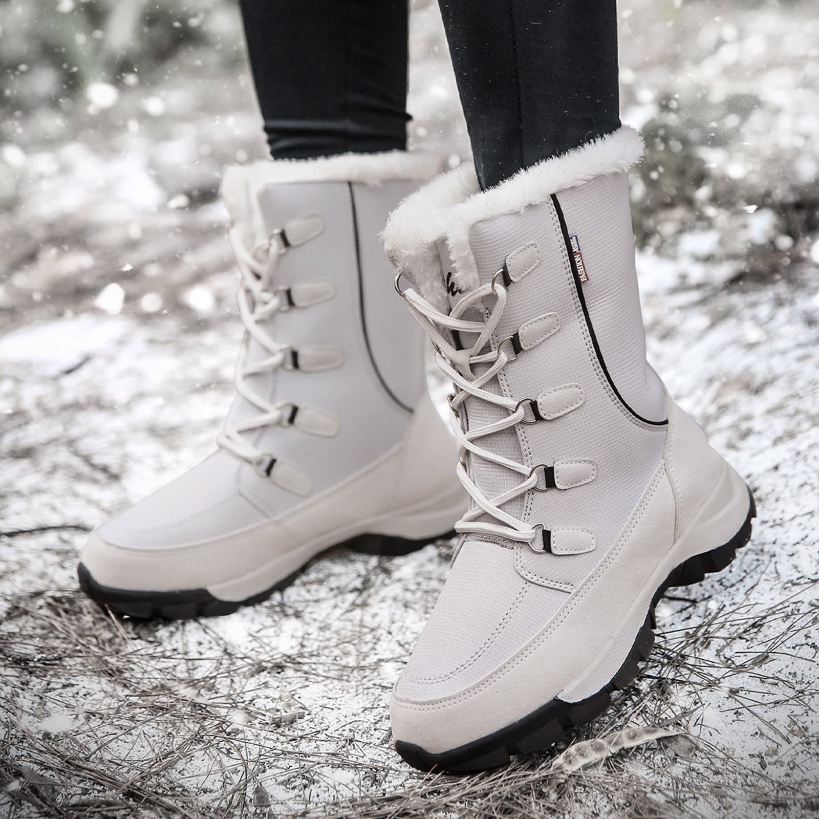 FGUUTYM Stivaletti da donna invernali in cotone Plus velluto termico stivali da neve antiscivolo gnocchi alti stivali invernali caldi imbottiti invernali, bianco, 41 EU