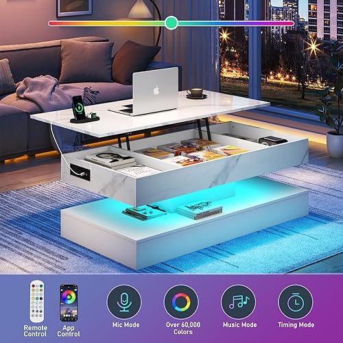 Miniatura 6 de Mesa de centro grande de 47.2 pulgadas con estación de carga, mesa central LED moderna de alto brillo con almacenamiento de compartimento oculto,