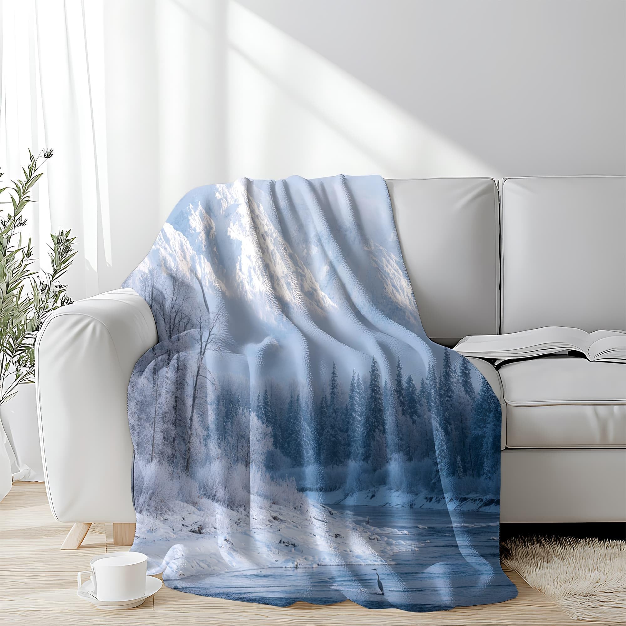 Générique Plaid Couverture Polaire Flanelle en Microfibre, Paysage de Montagne en Hiver Couverture lit Jeté de Canapé 2 Personnes, Blanc Plaid Fourrure Chaud et Doux en Peluche 180x200 cm