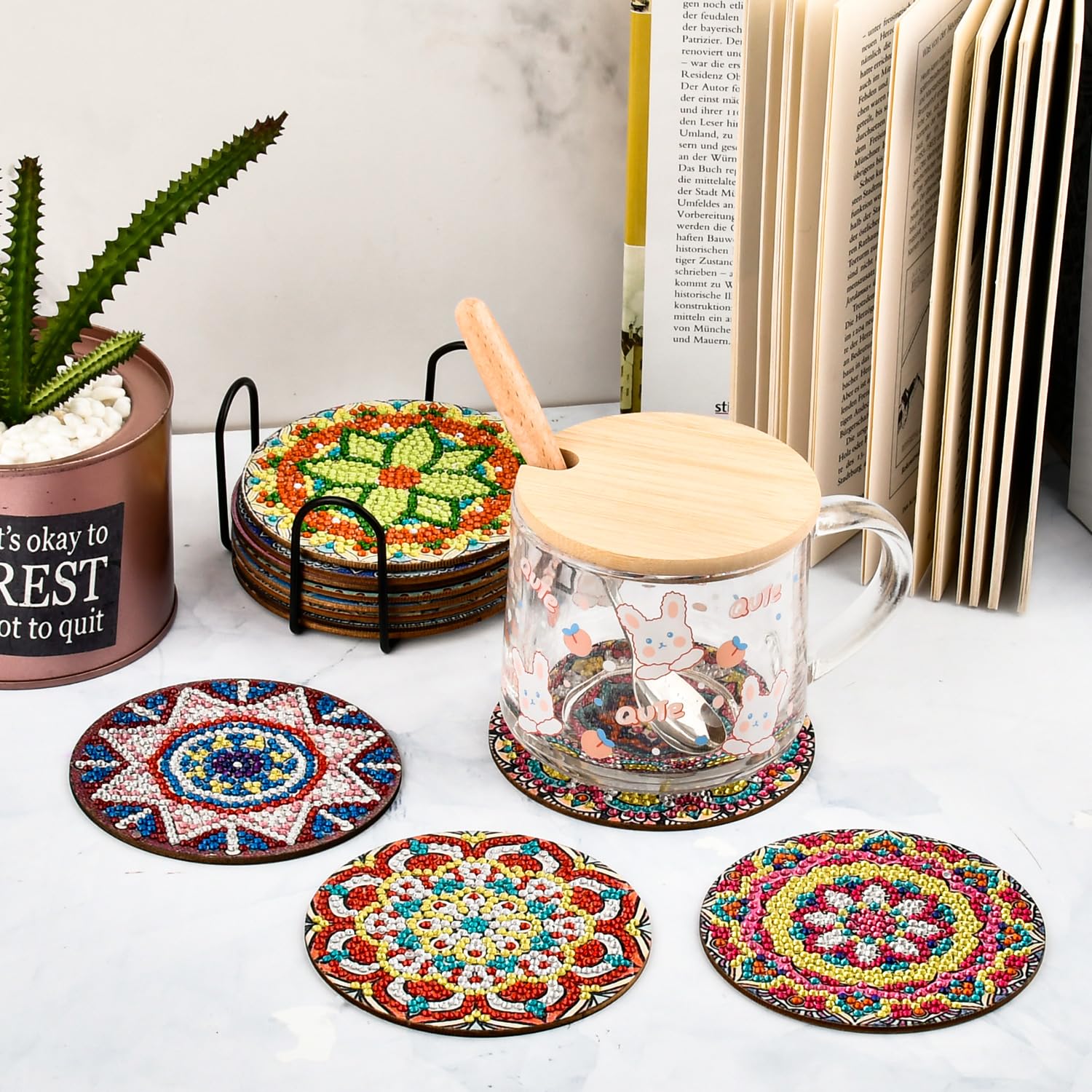 Diamond Painting Mandala MOGTAA Onderzetters Met Houder, 8 Stuks, Diamond Painting Kleurrijke Roos, Diamantschilderset, Afbeeldingen, Volwassenen En Kinderen, Doe-het-zelf Diamant-onderzetters Met Kurk, Voor Thuisdecoratie Diamond Painting Onderzetters