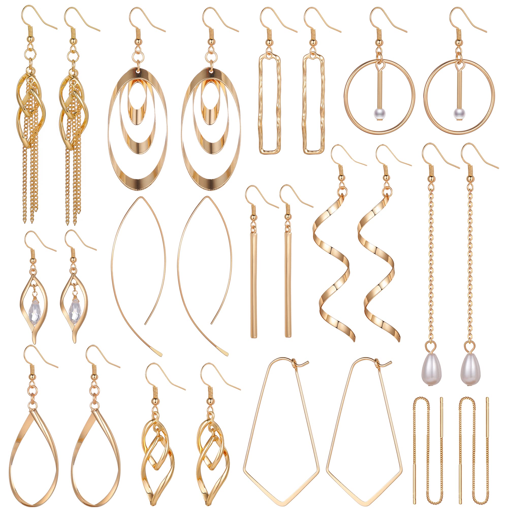 Aganippe 12/13/14 Pairs Gold Dangle Earrings for Women- Simple Drop Earrings Multipack-Curved Threader Dangle Earrings Set-Upside Down Hoop Earrings- Leaf Earrings