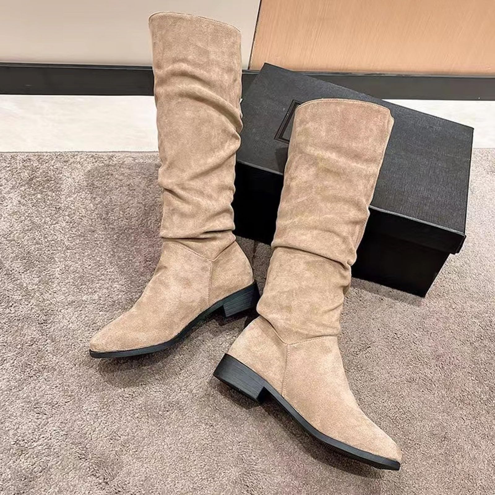 Generisch Bottines pour femme - Style rétro - Couleur unie - En daim - Grandes tailles - Talon bloc - Hauteur de tige moyenne - Bottes d'équitation confortables