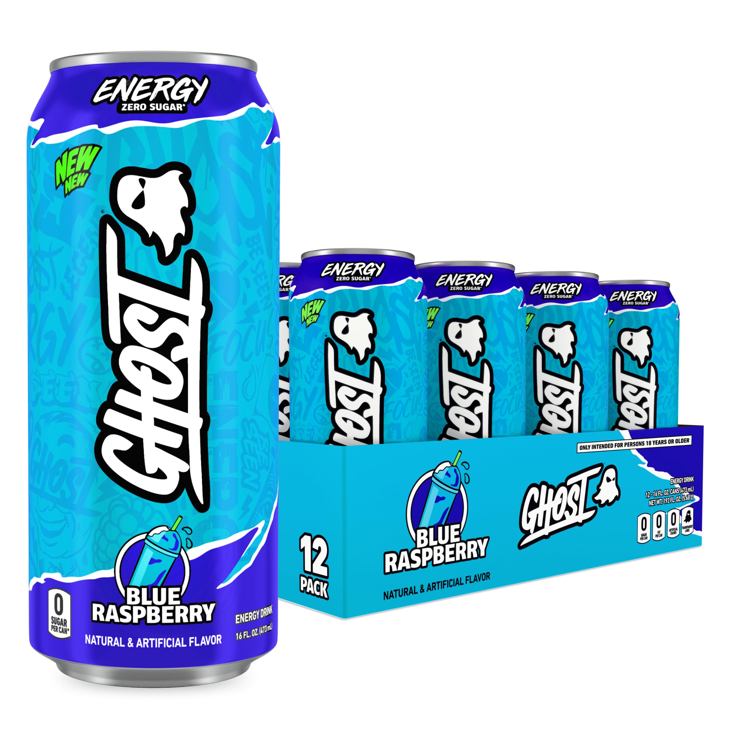 Amazon.com : GHOST Energy Drink - 12-Pack, Blue Raspberry, 16oz Cans -  Energy & Focus & No Artificial Colors - 200mg of Natural Caffeine, L- Carnitine & Taurine